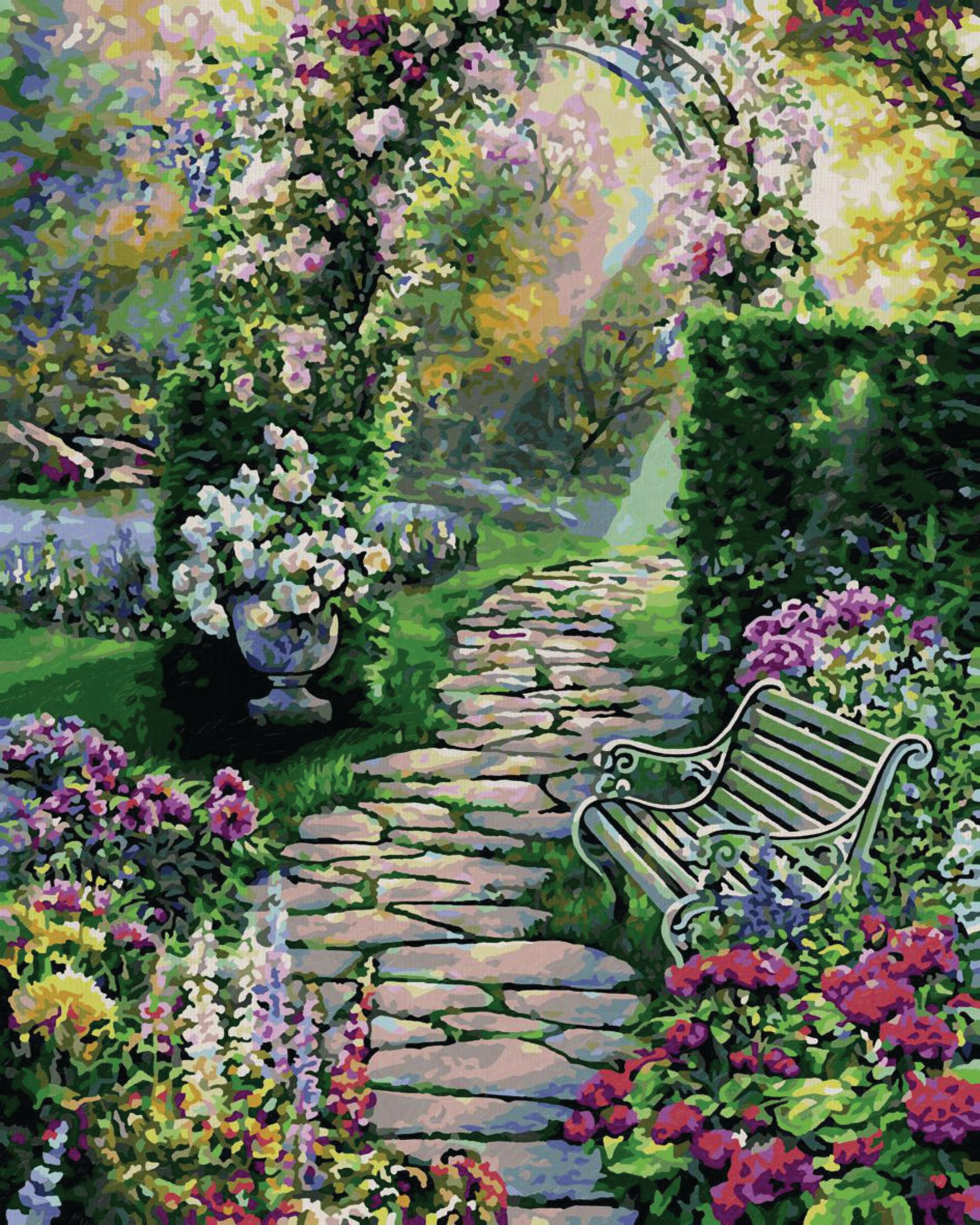 Scène de jardin peinte avec chemin de pierre, fleurs, arche et banc.