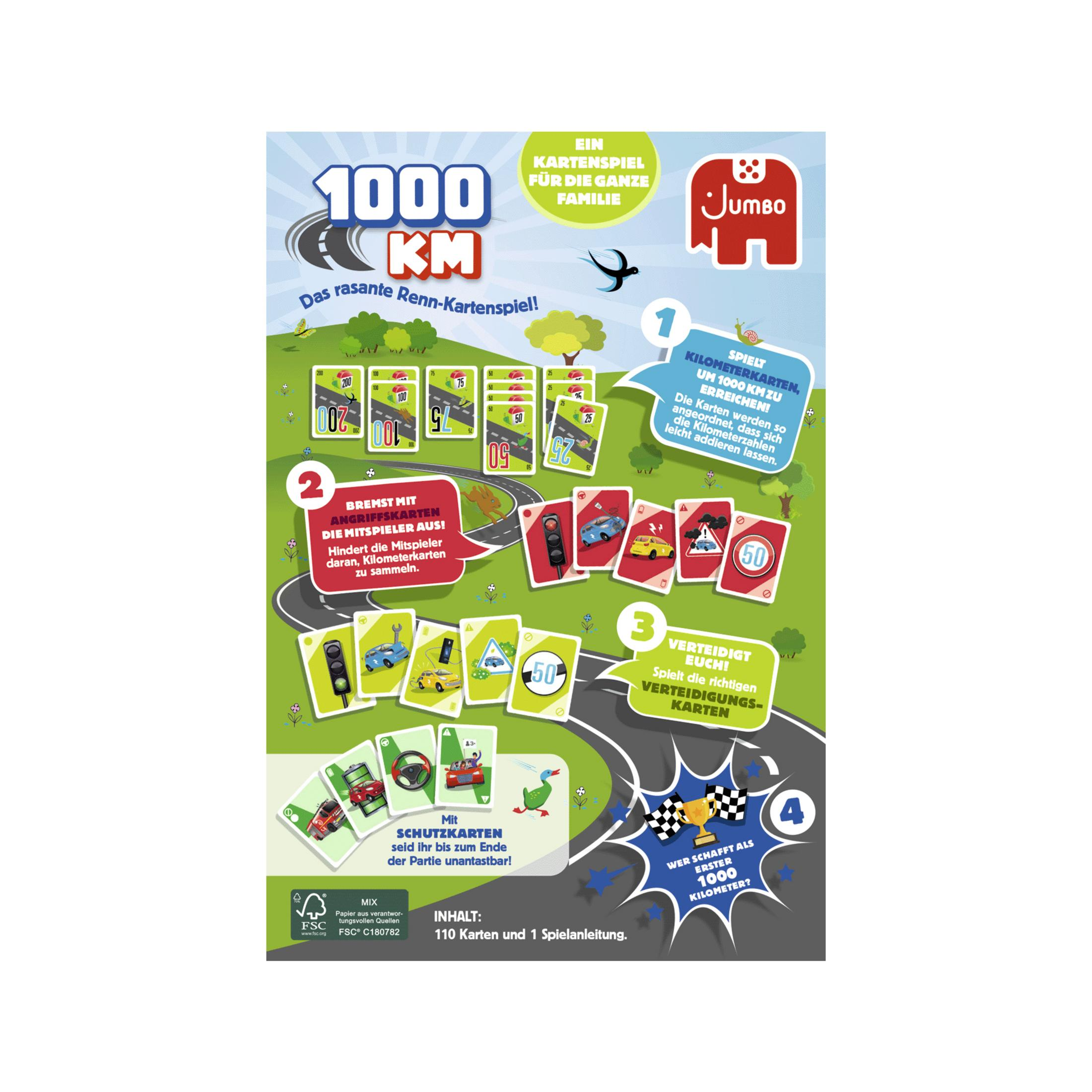 Una scatola di gioco da tavolo a tema stradale e automobilistico, intitolata 1000 KM, e una famiglia di carte.