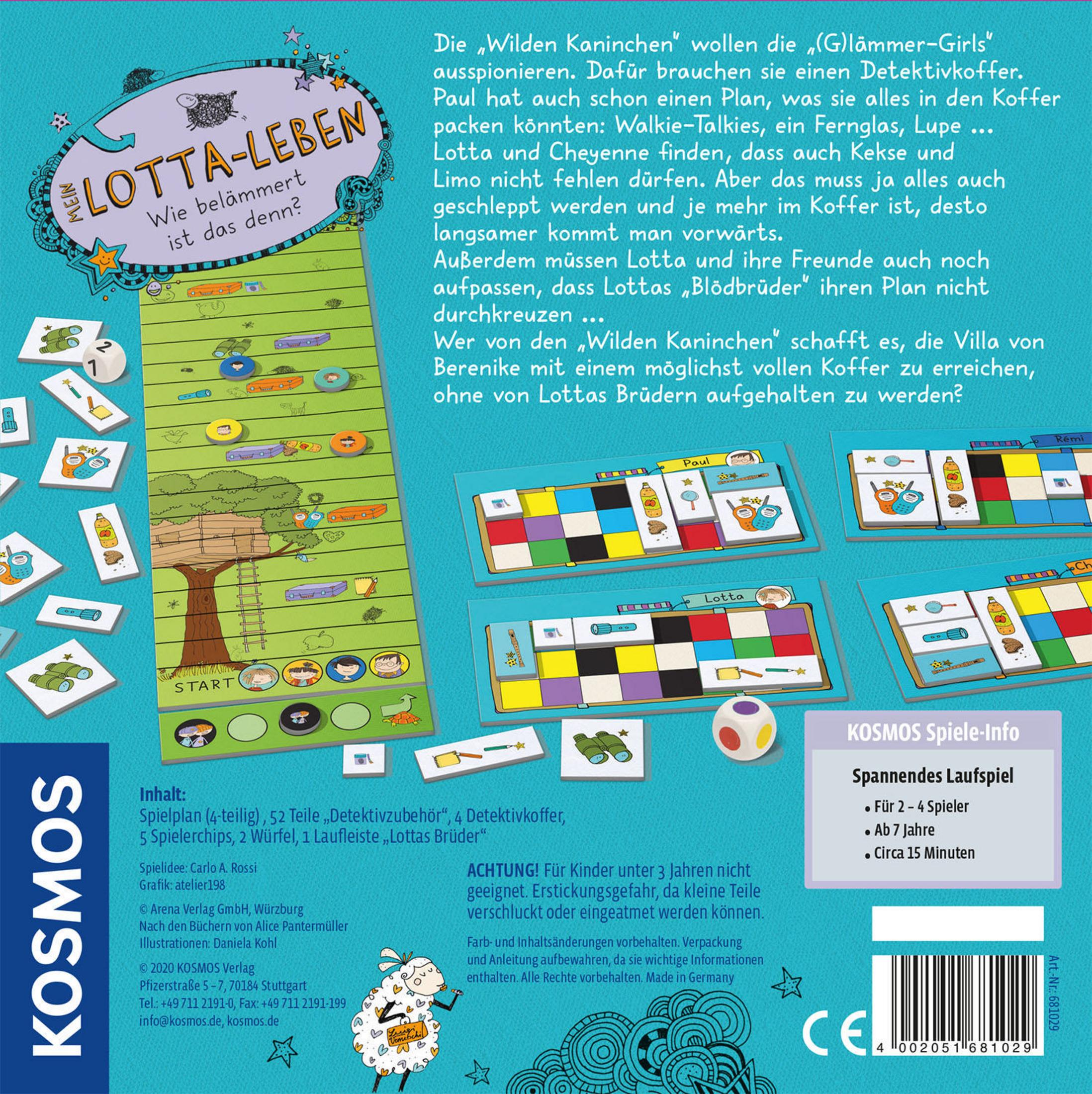 Eine Brettspielbox mit bunten Spielsteinen und Text auf Deutsch. Enthält Spielanweisungen.