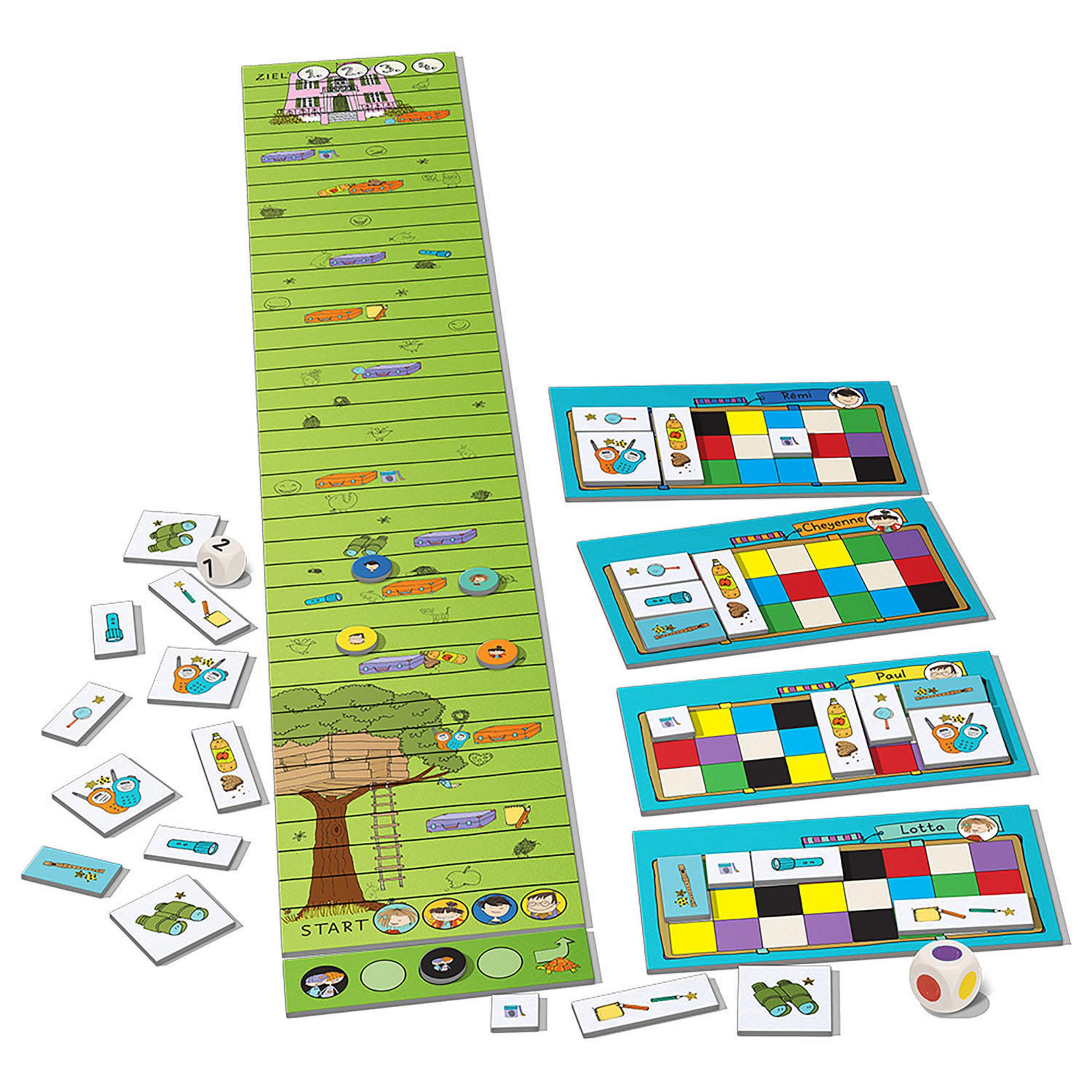 Ein Spielbrett mit Karten und Spielsteinen, das einen Kletterpfad und verschiedene Spielkomponenten zeigt.