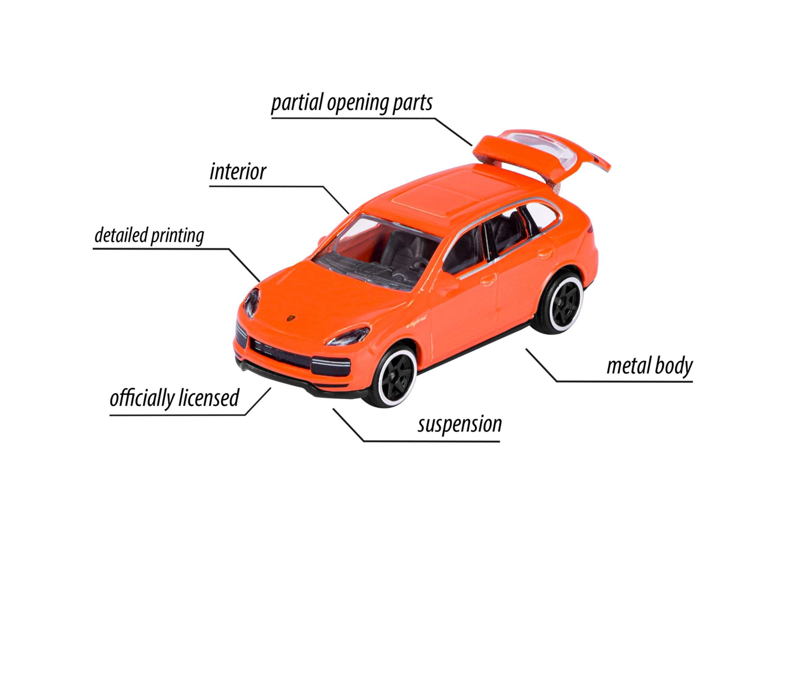 Oranges Porsche Cayenne Modell mit Etiketten, die auf Teile zeigen.