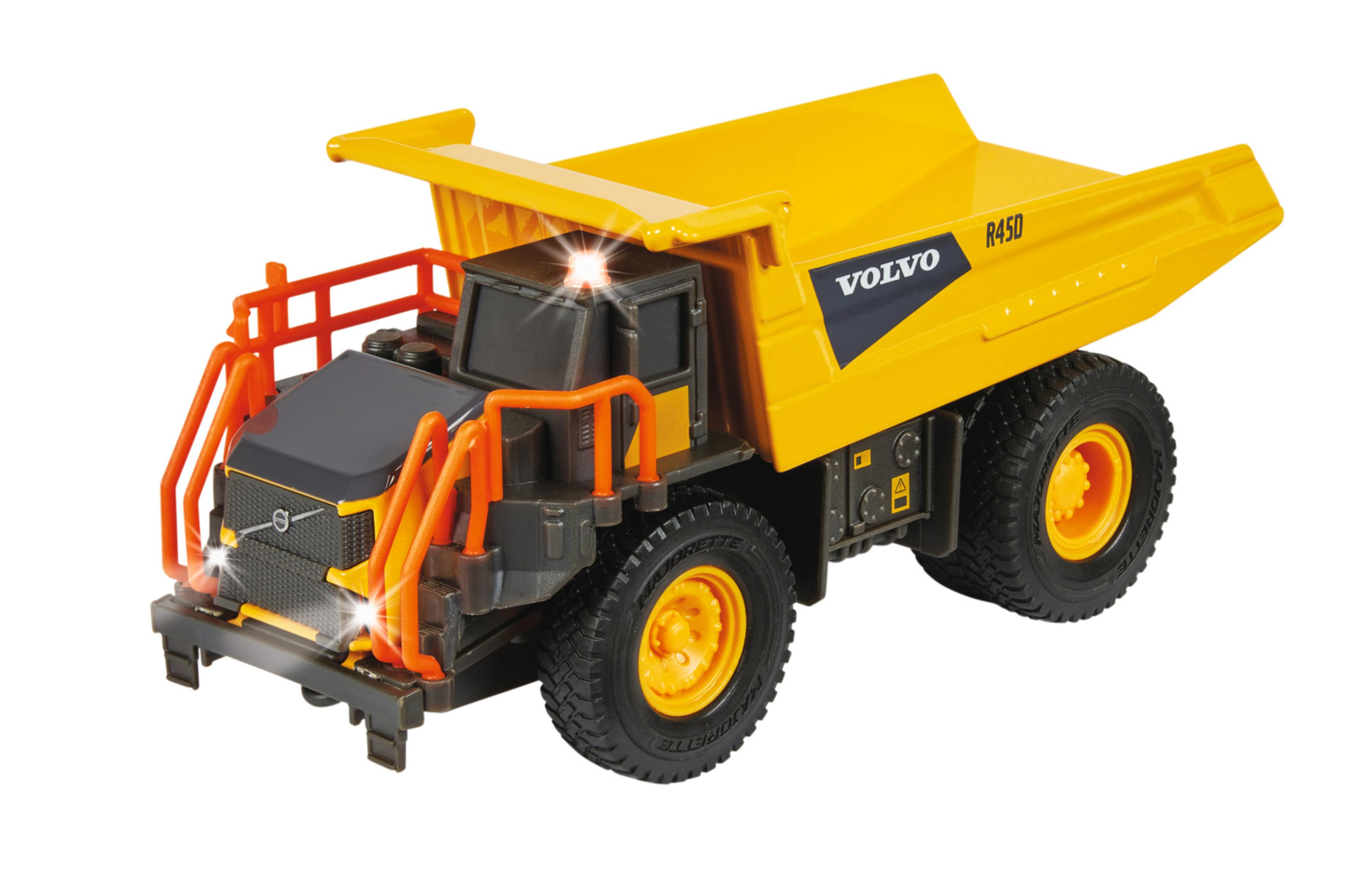 Żółta zabawka Volvo R45D. Ma czarne opony i czerwoną klatkę bezpieczeństwa.