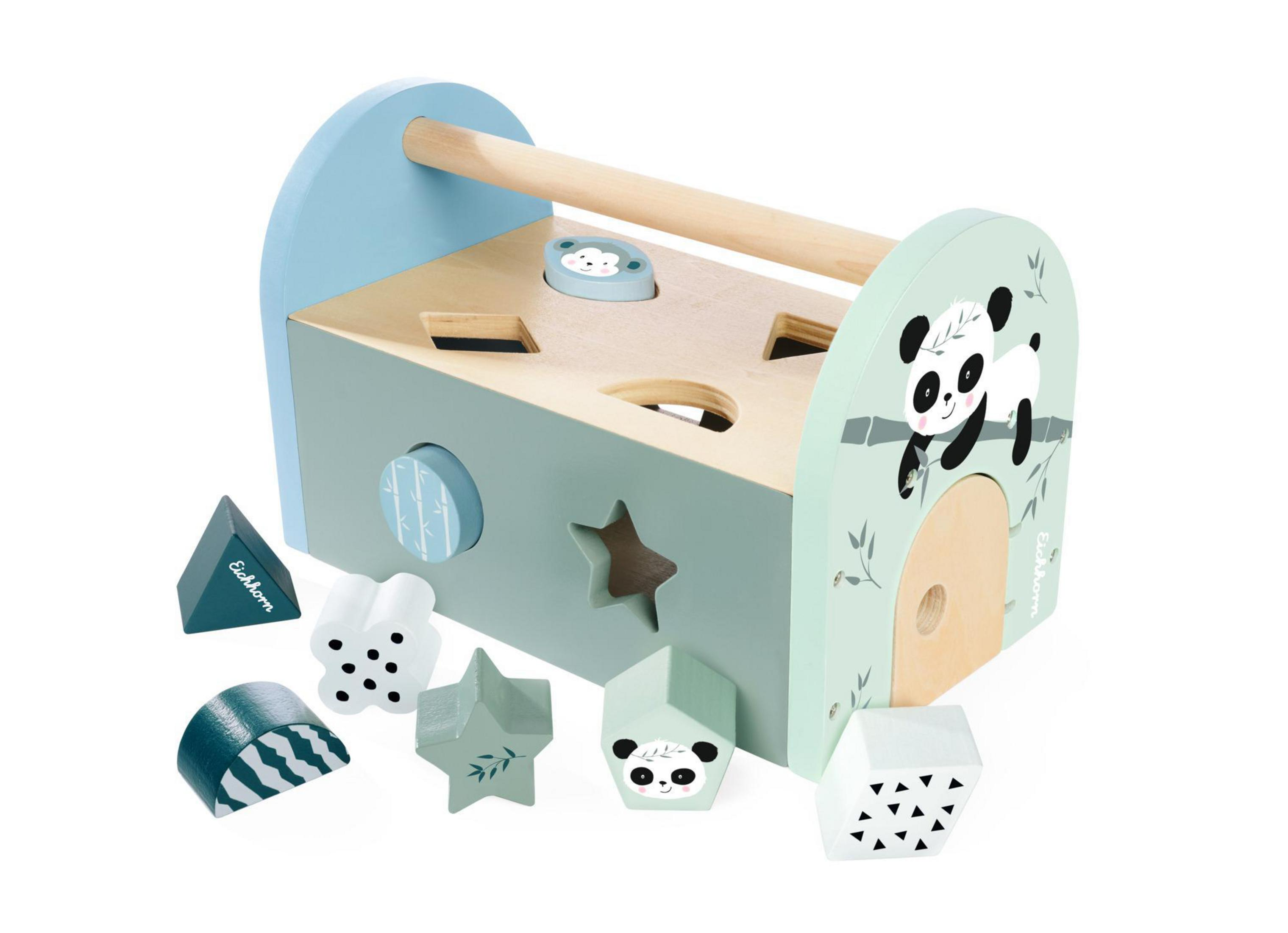 Holzspielzeugkiste mit Formen und einem Panda, blauem Griff und Panda-Illustration auf der Seite.