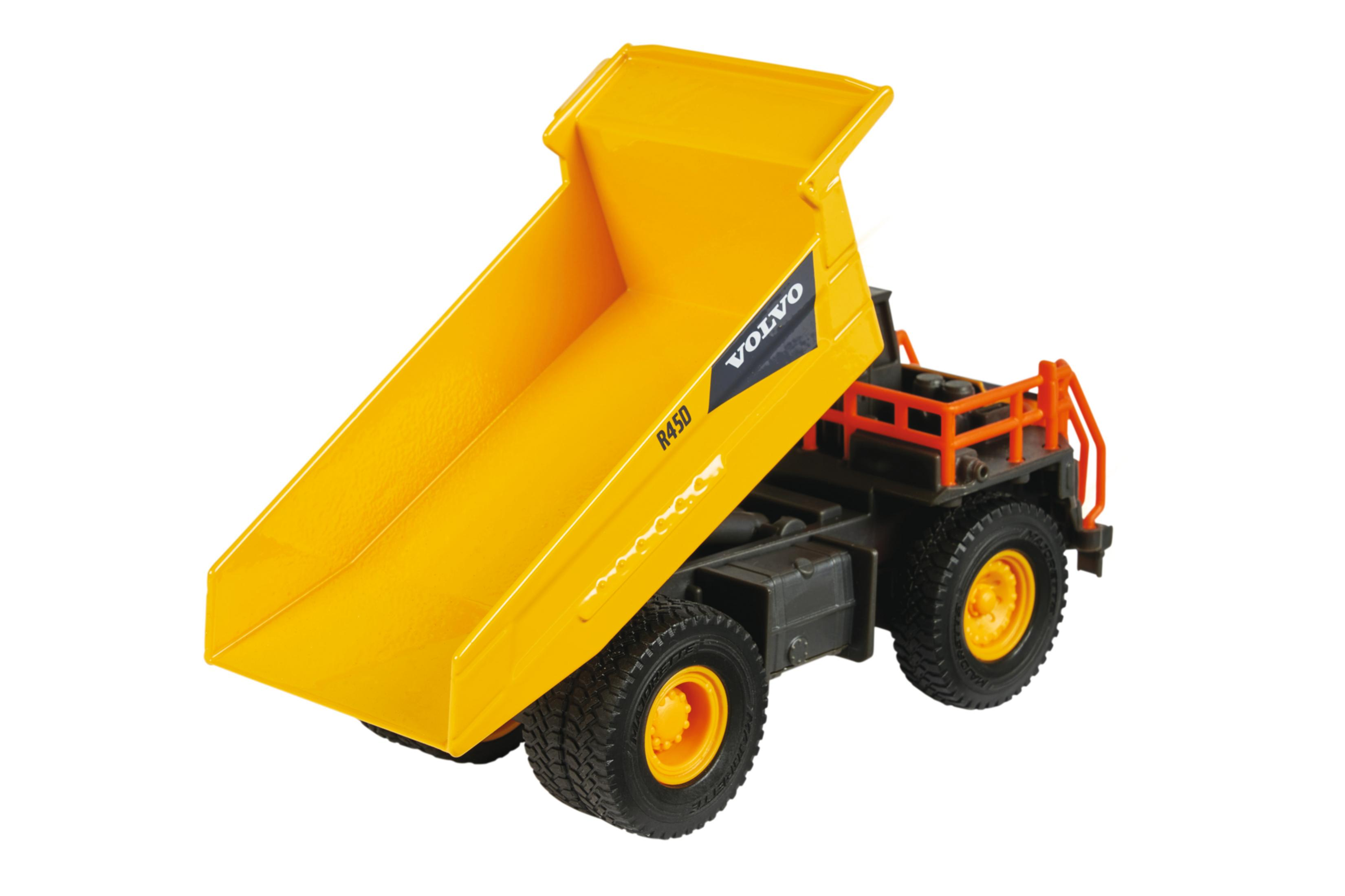 Żółta zabawka ciężarówki Volvo z otwartą skrzynią, na białym tle.