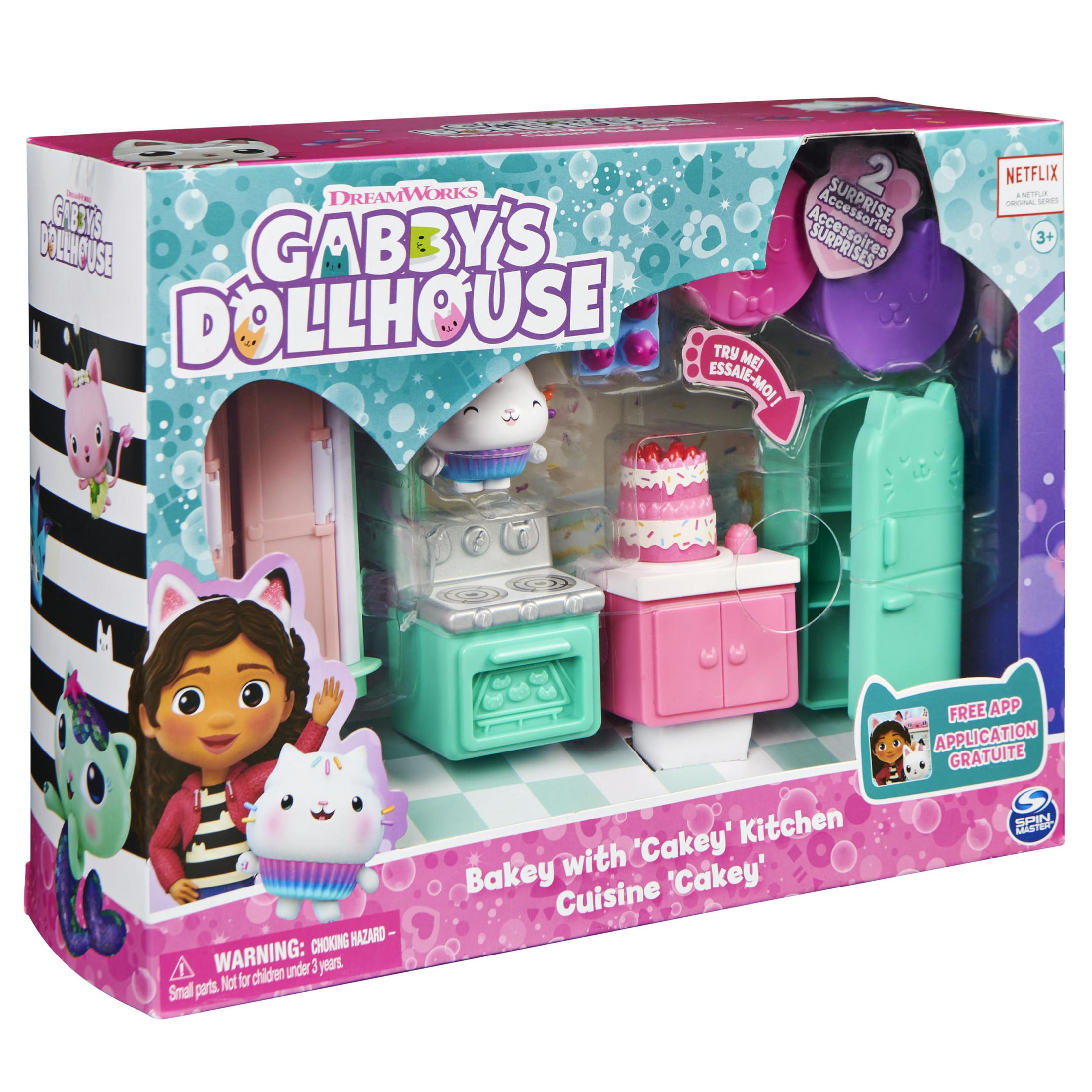 Gabby's Dollhouse Spielset-Box. Das Set enthält eine Küche mit Katzenfigur, Kuchen und Zubehör.