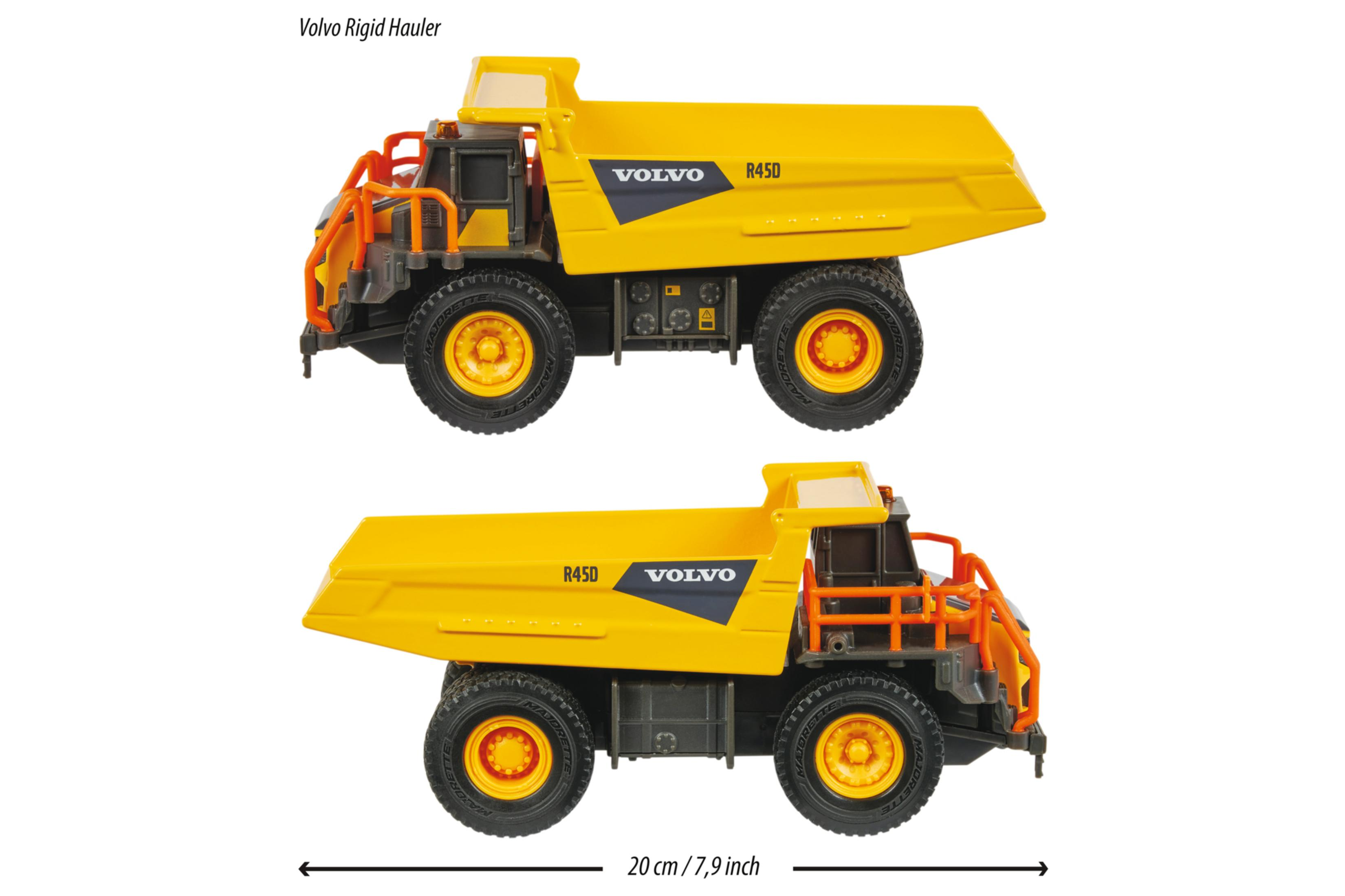 Dwa żółte wywrotki Volvo widok z boku, na białym tle, ze szczegółami skali.