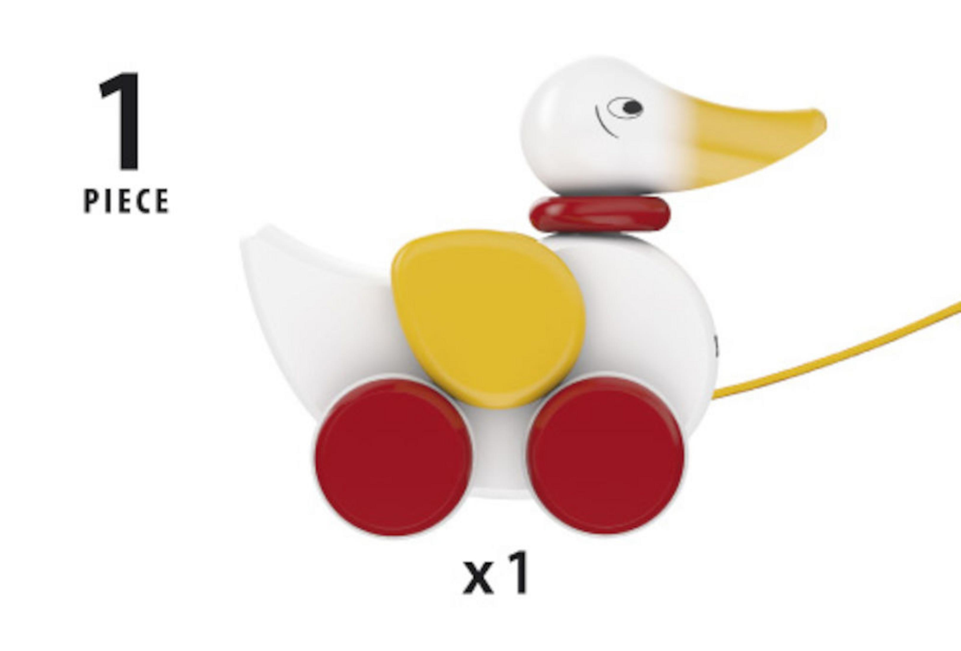 Weißes Entenspielzeug mit gelben und roten Details. Mit '1 Stück' und 'x1' gekennzeichnet.