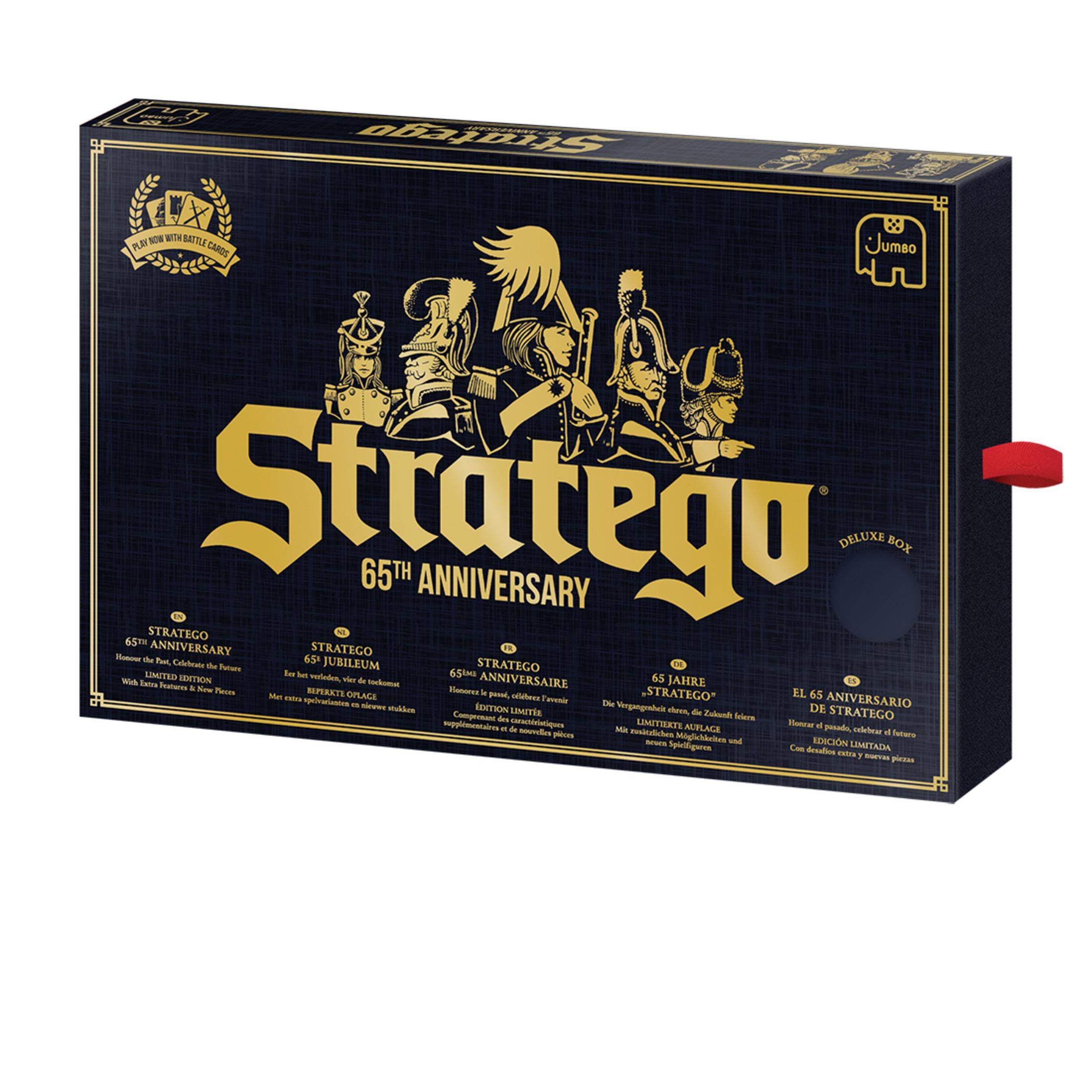 Gra Stratego 65th Anniversary Deluxe Box, czarne pudełko z elementami gry i instrukcjami.