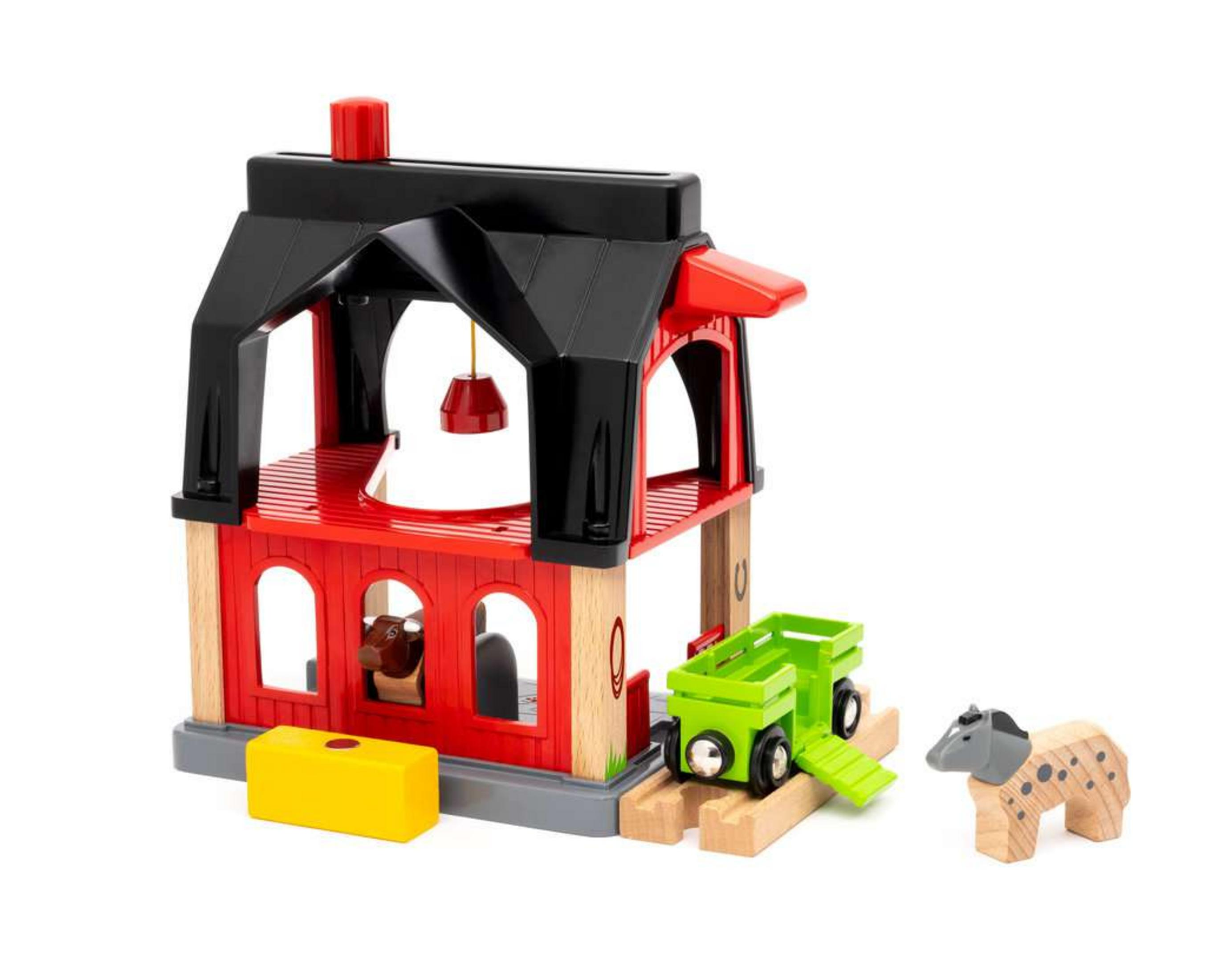 Set fattoria giocattolo in legno, con fienile, carro, mucca e cavallo.