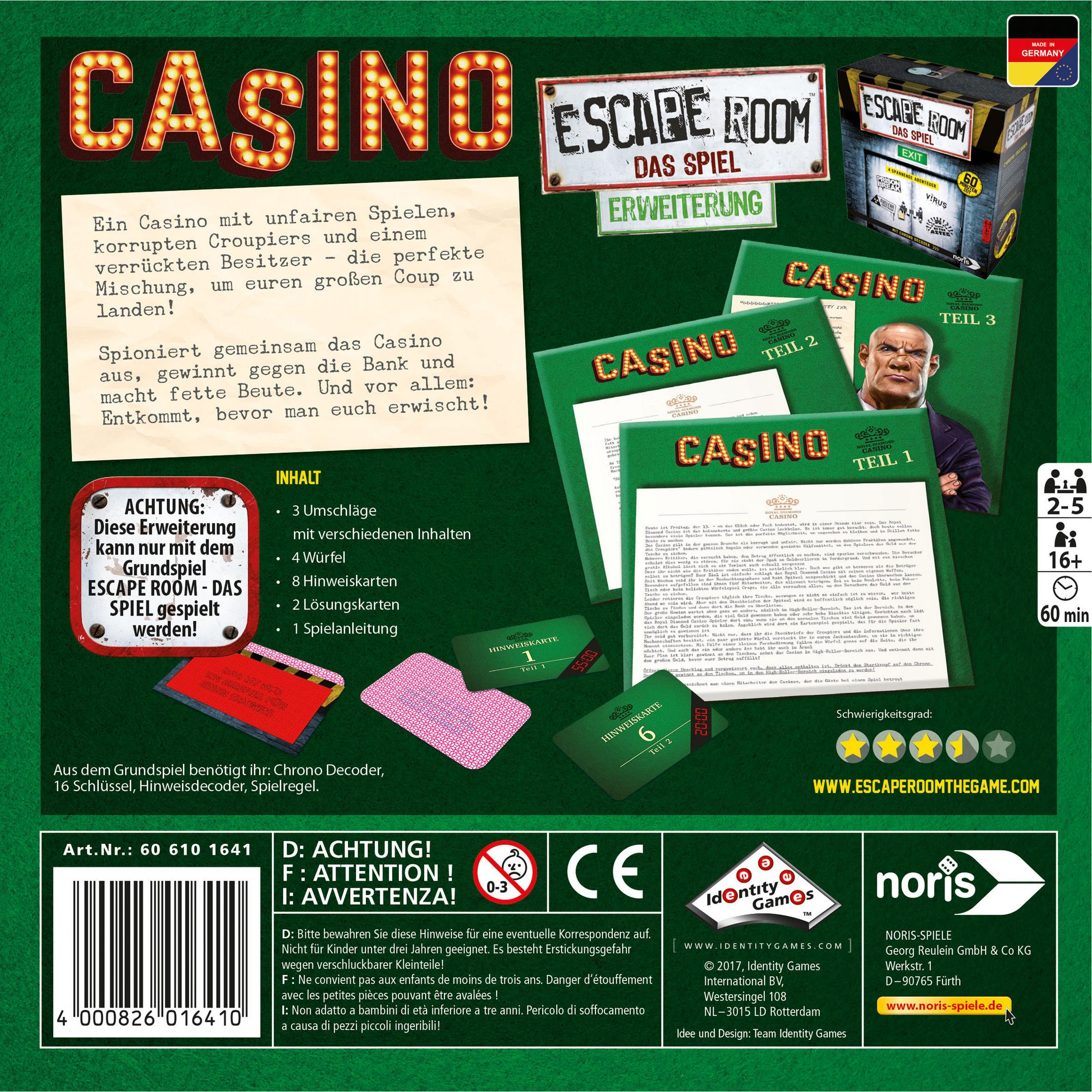 Casino Escape Room Spielbox mit Text und Bildern von Spielelementen.