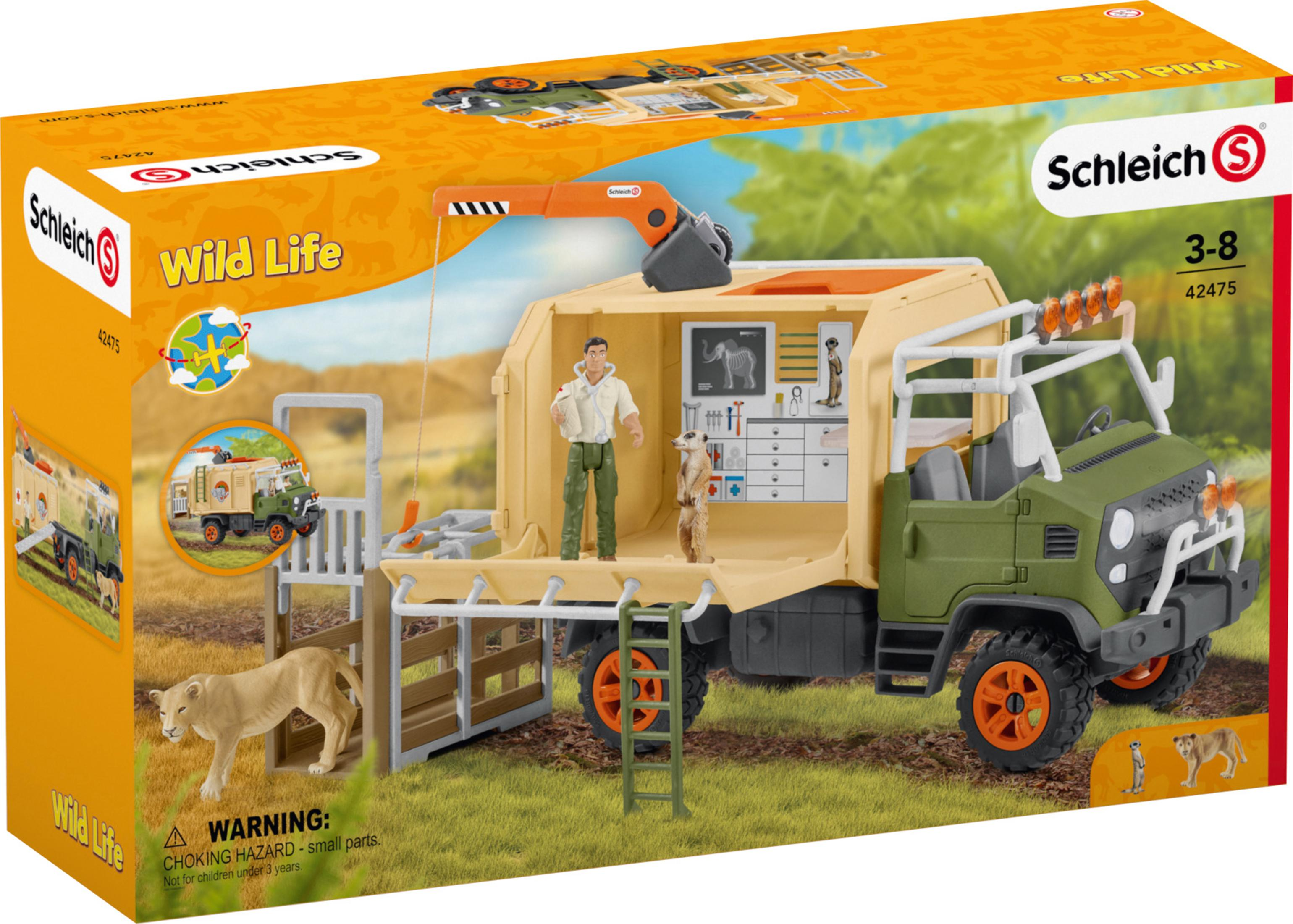 Zestaw zabawek z ciężarówką dzikiej przyrody i zwierzętami.