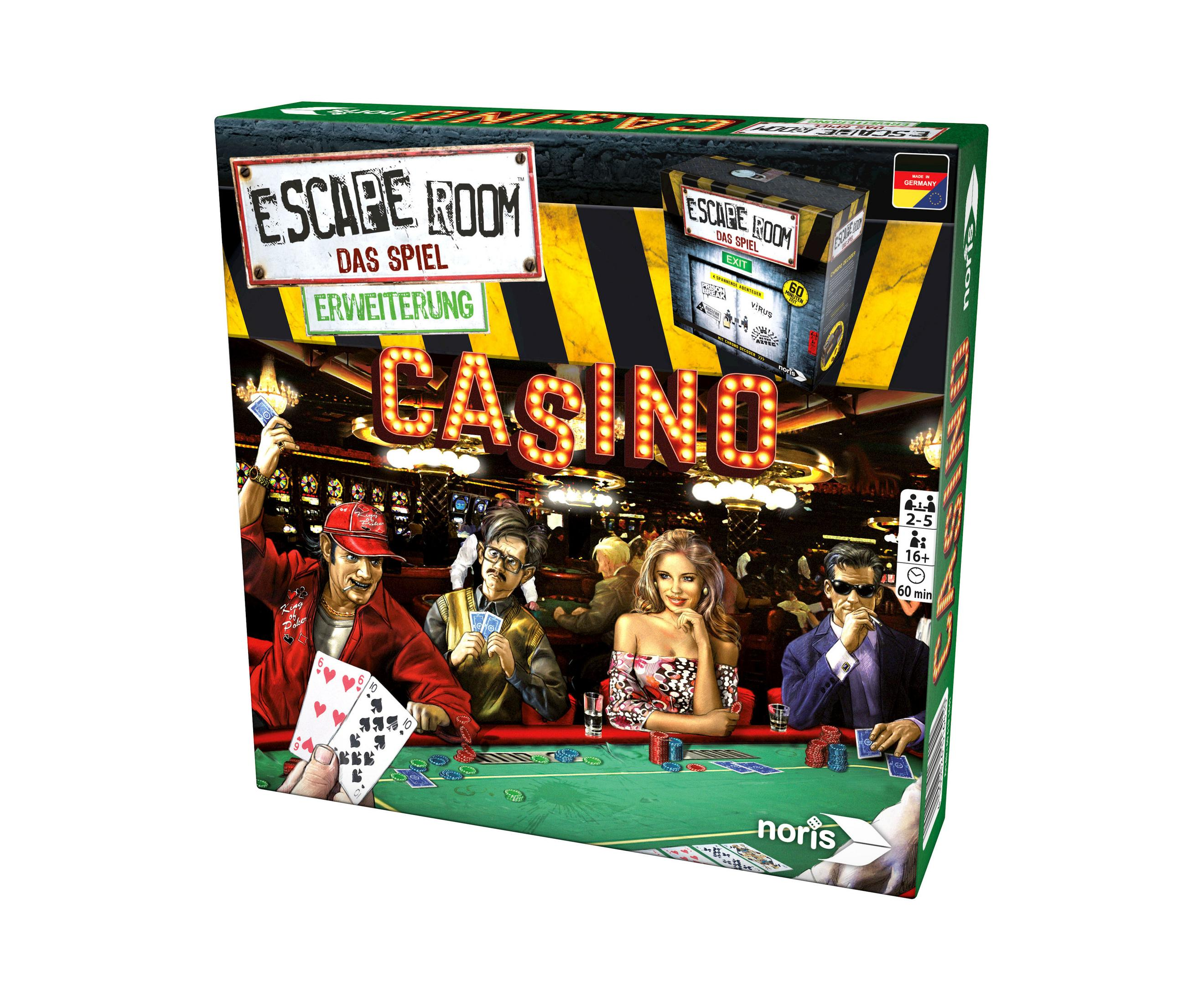 Escape Room Casino-Spielbox mit Casinoszene, spielenden Personen und Spieldetails.