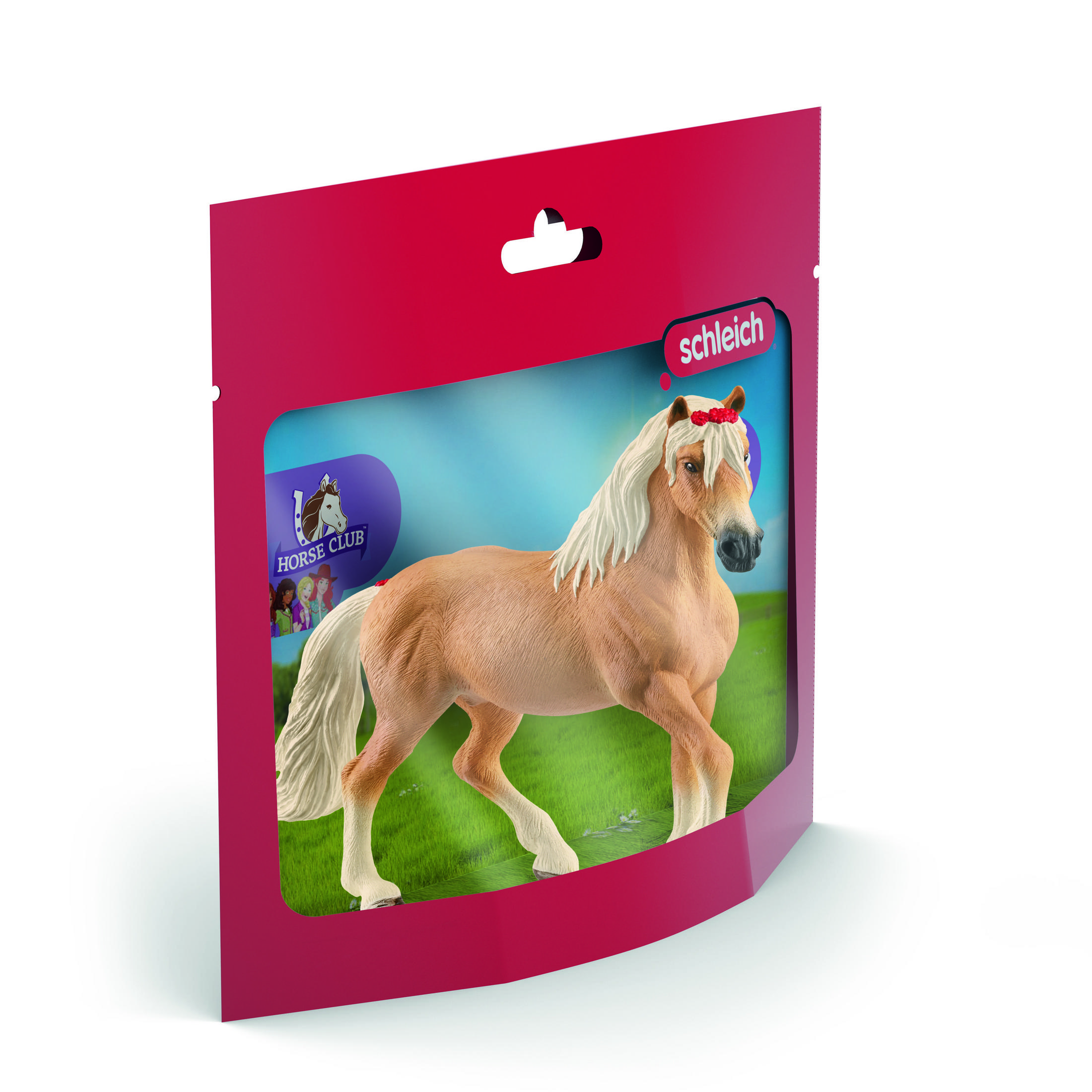 Ein Spielzeugpferd in einer roten Verpackung mit Horse Club Logo und roter Schleife auf dem Kopf.
