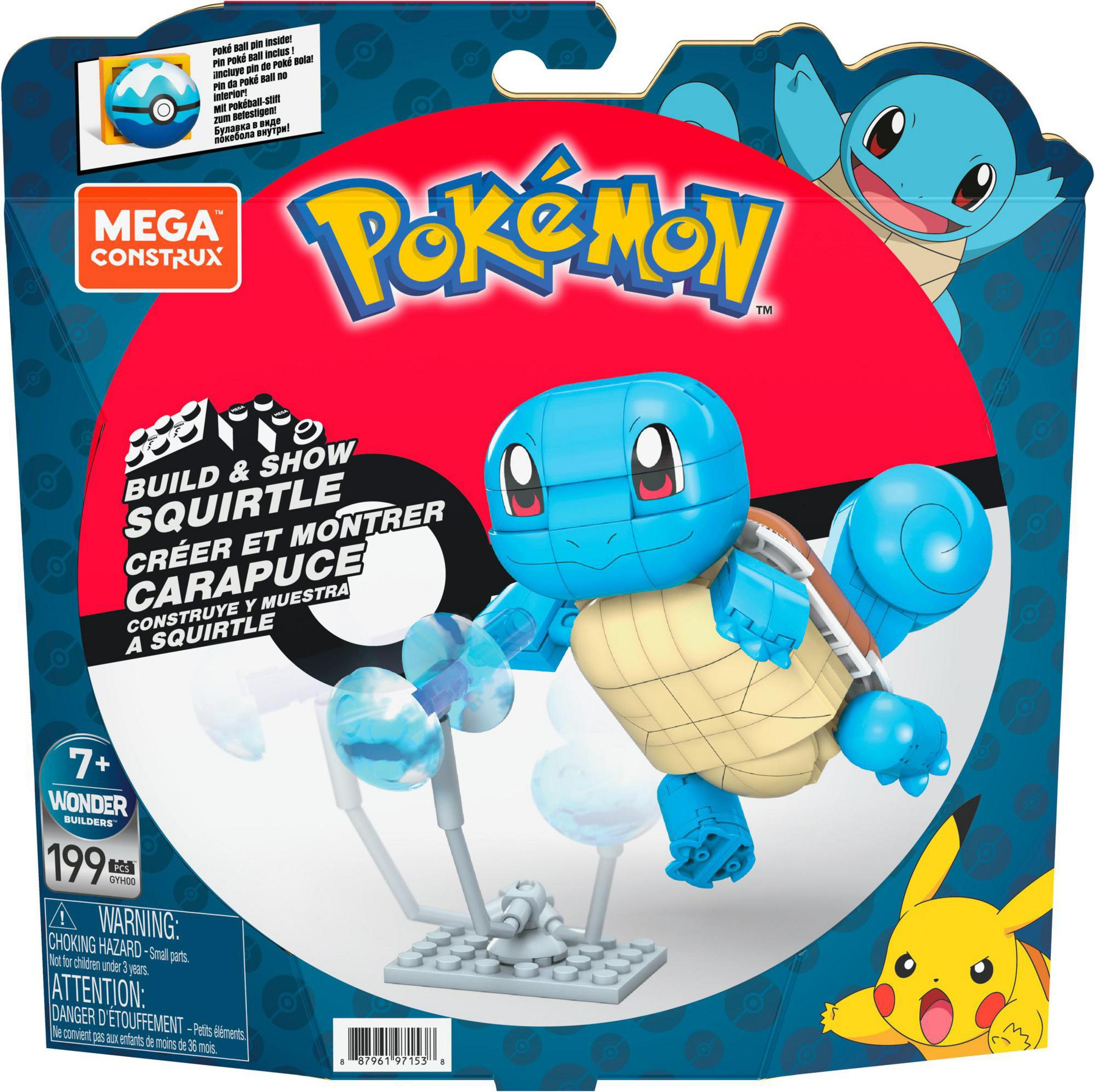 Zestaw Squirtle Build & Show przedstawia niebieską postać Squirtle z innymi elementami na pudełku.