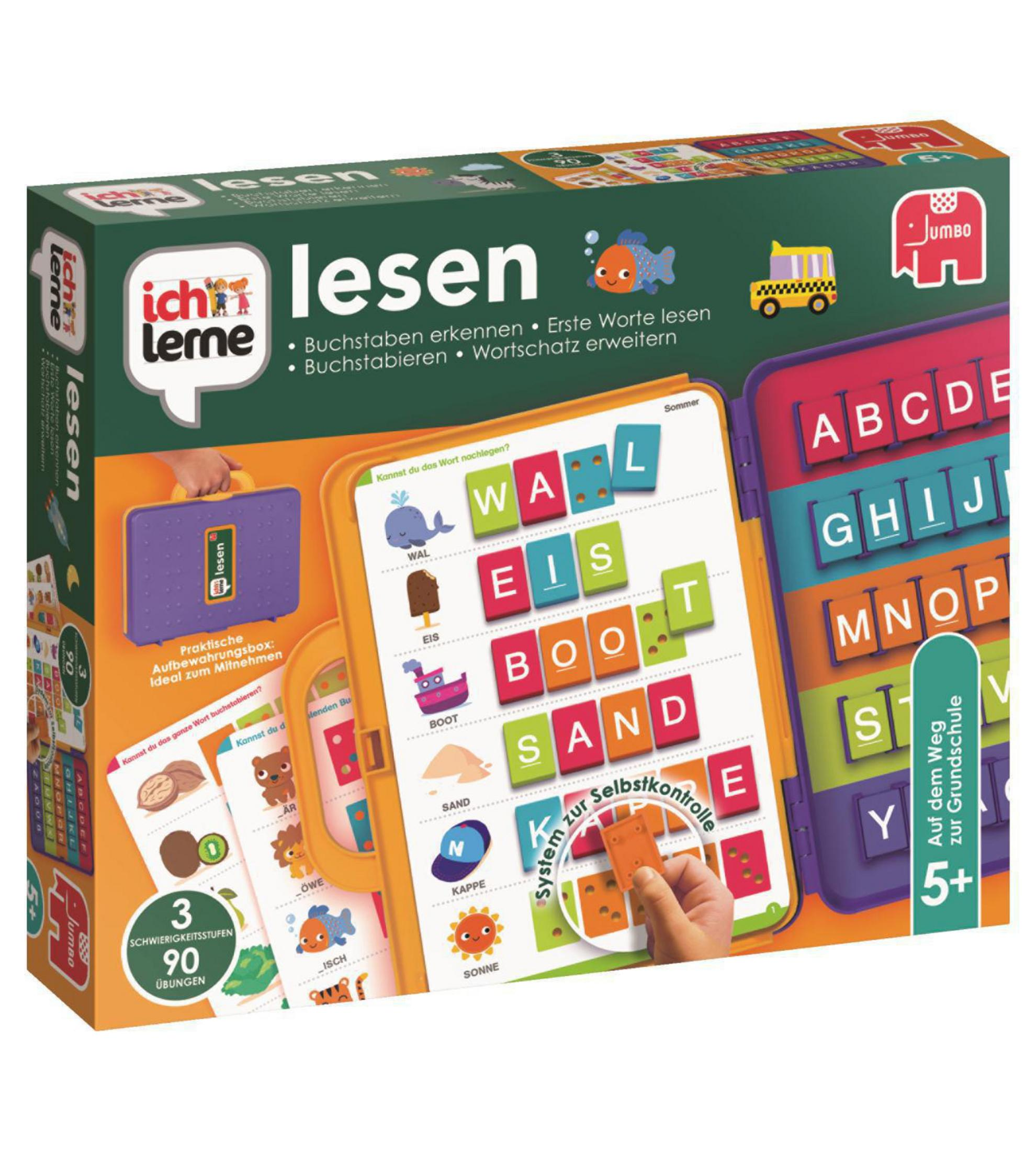 Lesen Lernset. Box mit bunten Bildern und Text. Enthält Übungen und Spiele.