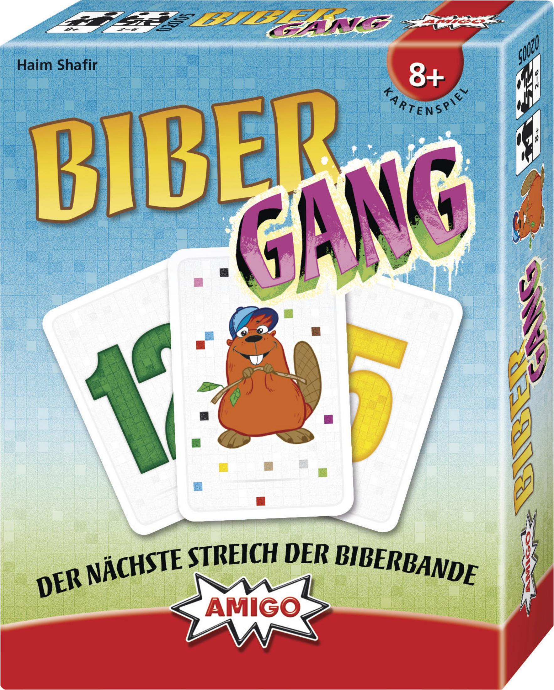Boîte d'un jeu de cartes. Le nom du jeu est 'Biber Gang' avec des cartes montrant des chiffres et un castor.