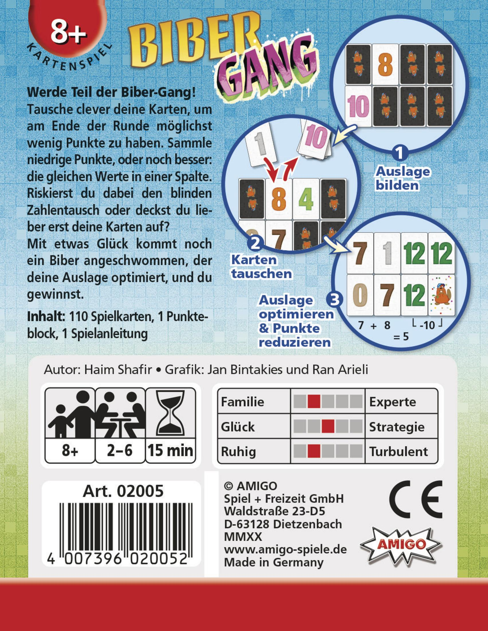 La boîte du jeu de cartes Biber Gang. Texte et images sur le devant. Fond blanc.