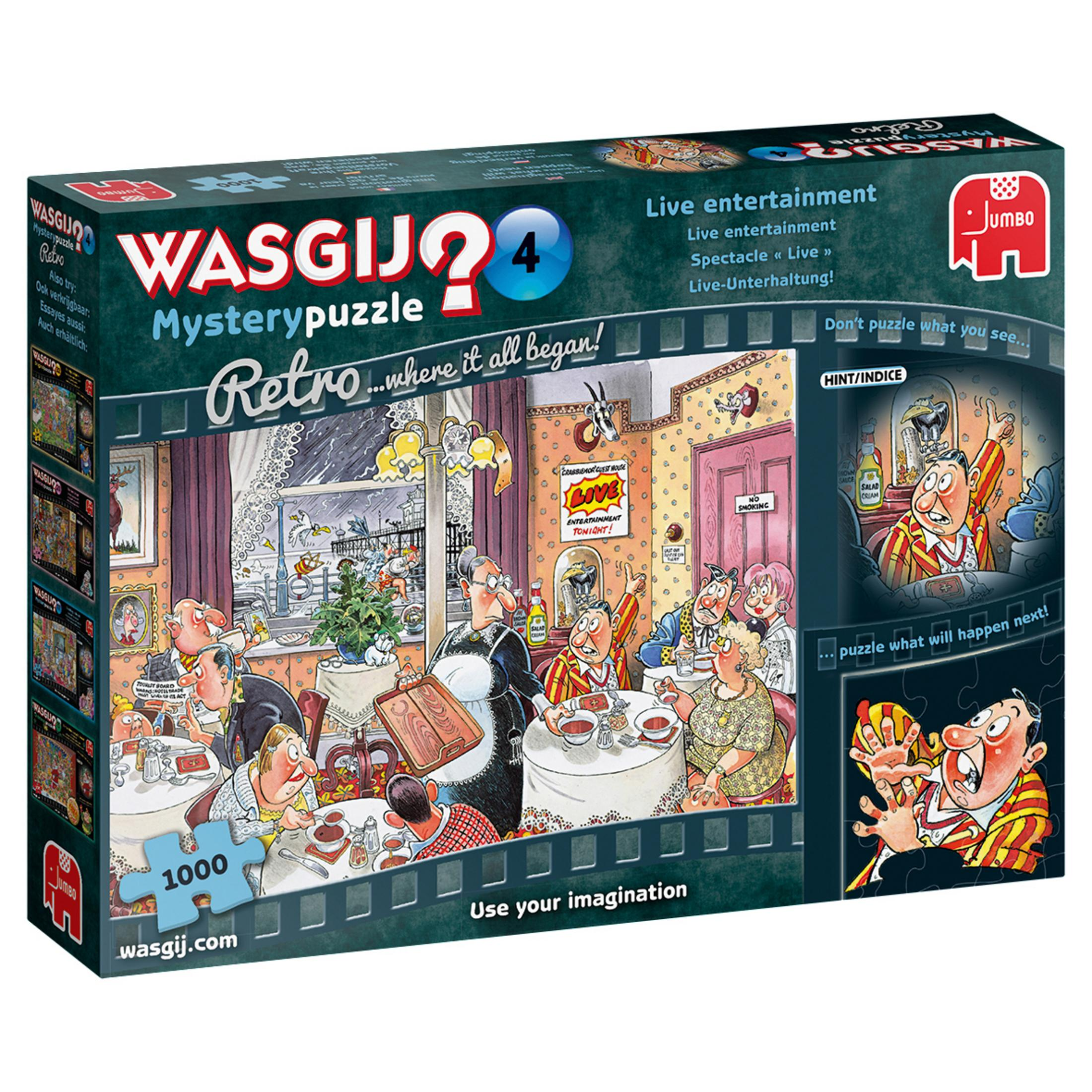 Pudełko z puzzlami Wasgij, przedstawiające scenę retro w restauracji.