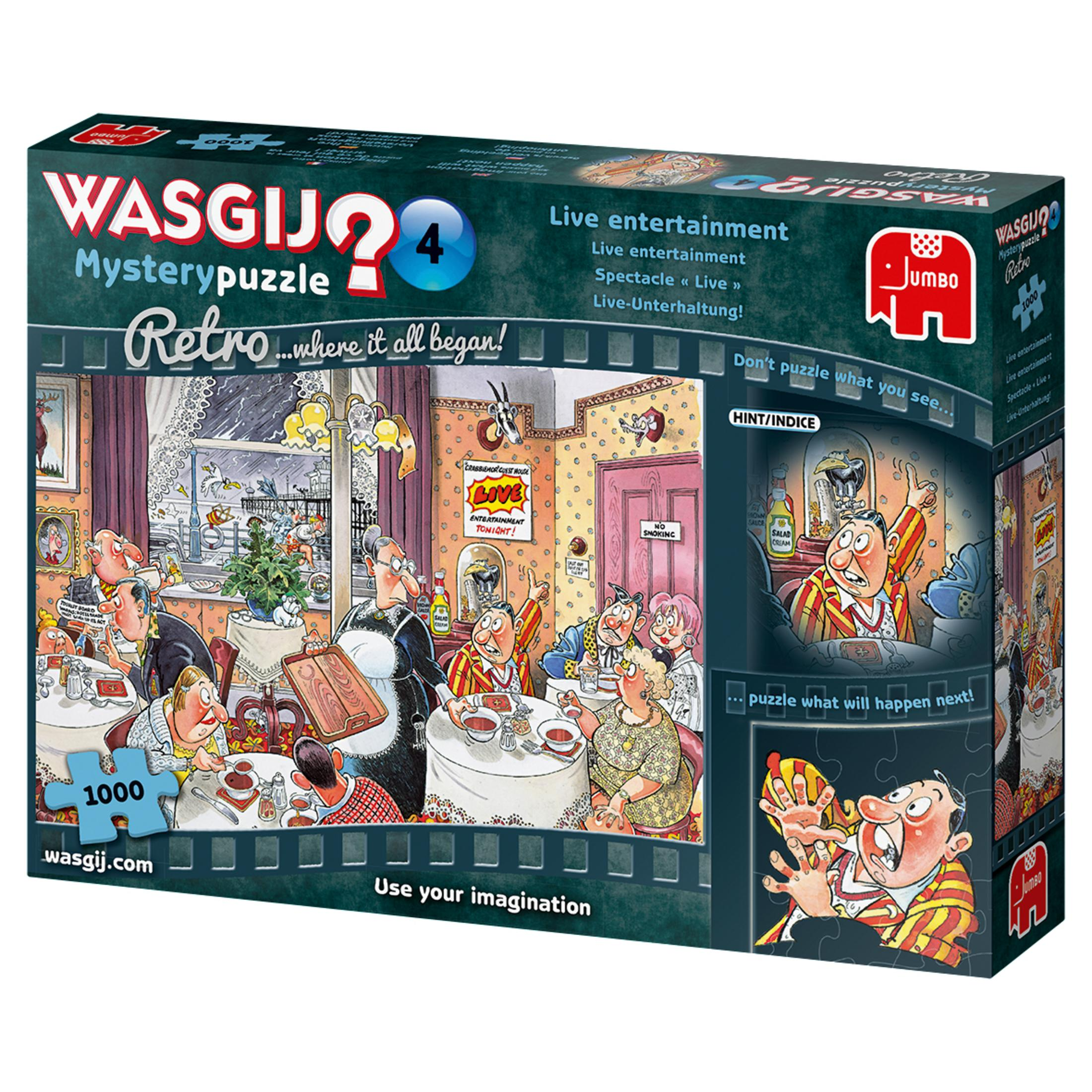 Pudełko z puzzlami przedstawia ilustrację ludzi w pokoju, z etykietą 'Retro' i 'Mystery puzzle'.