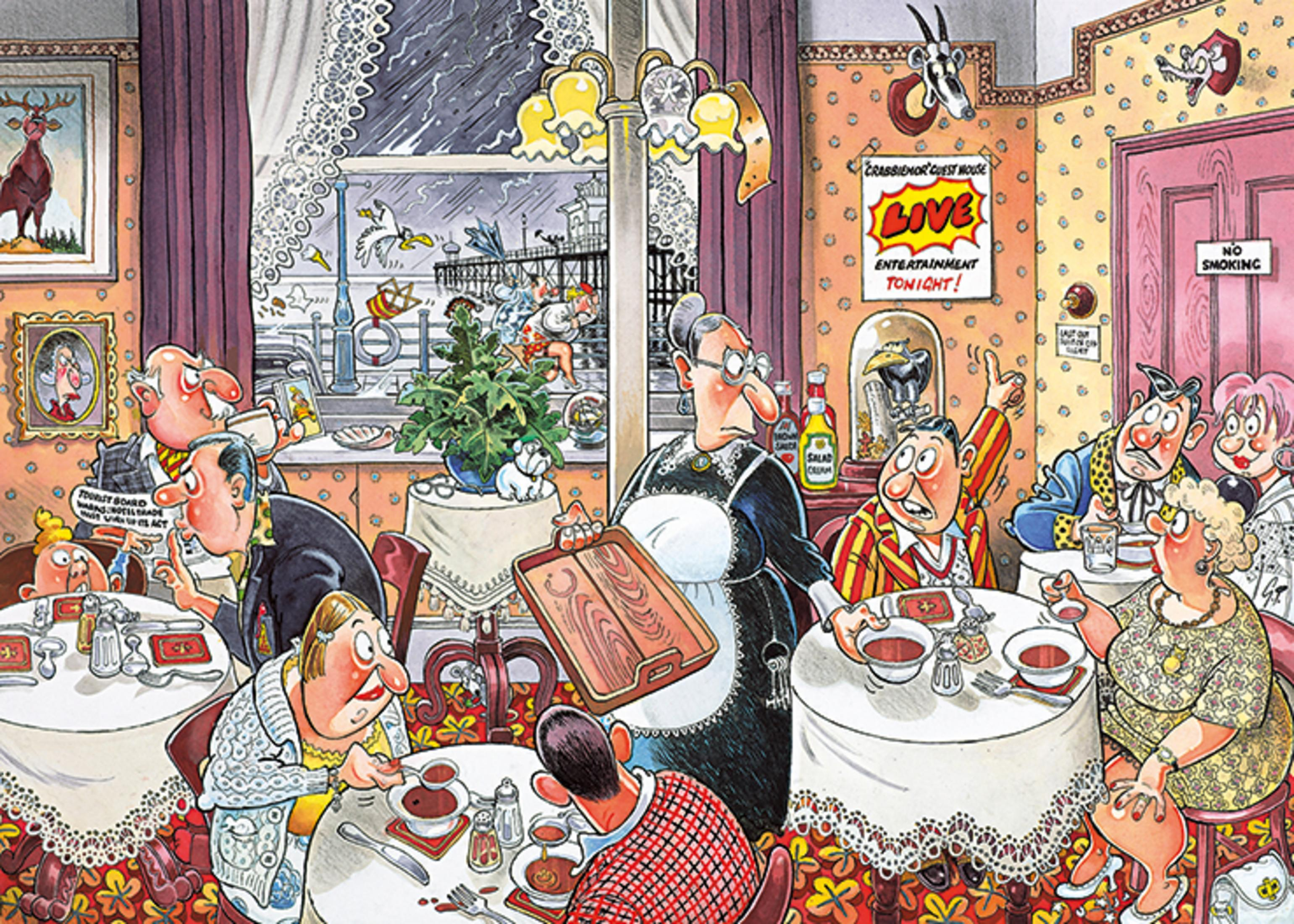 Scena z restauracji z kreskówki z ludźmi jedzącymi, kelnerką i znakiem z napisem 'LIVE ENTERTAINMENT'.