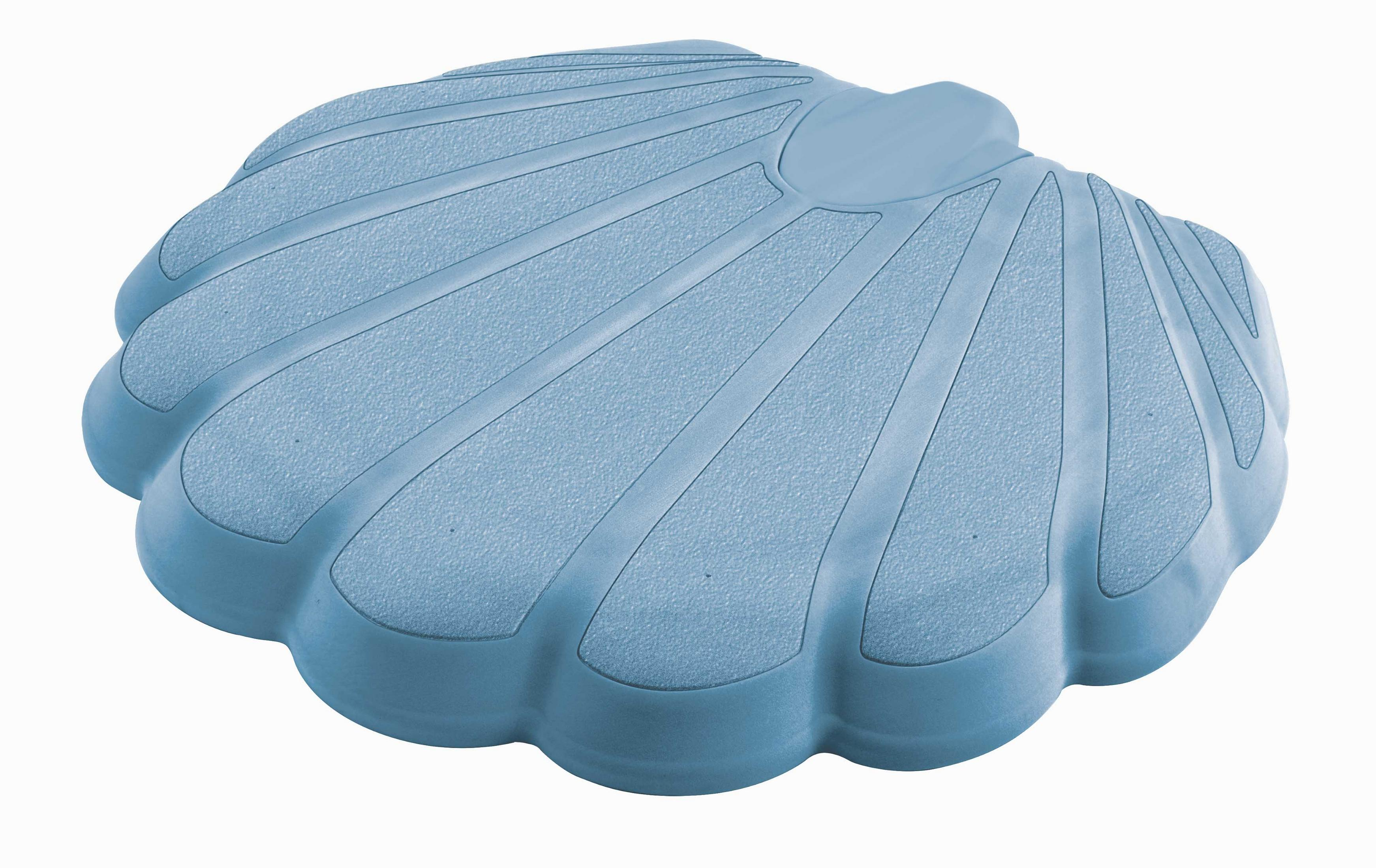 Blaue muschelförmige Badematte mit strukturierter Oberfläche.