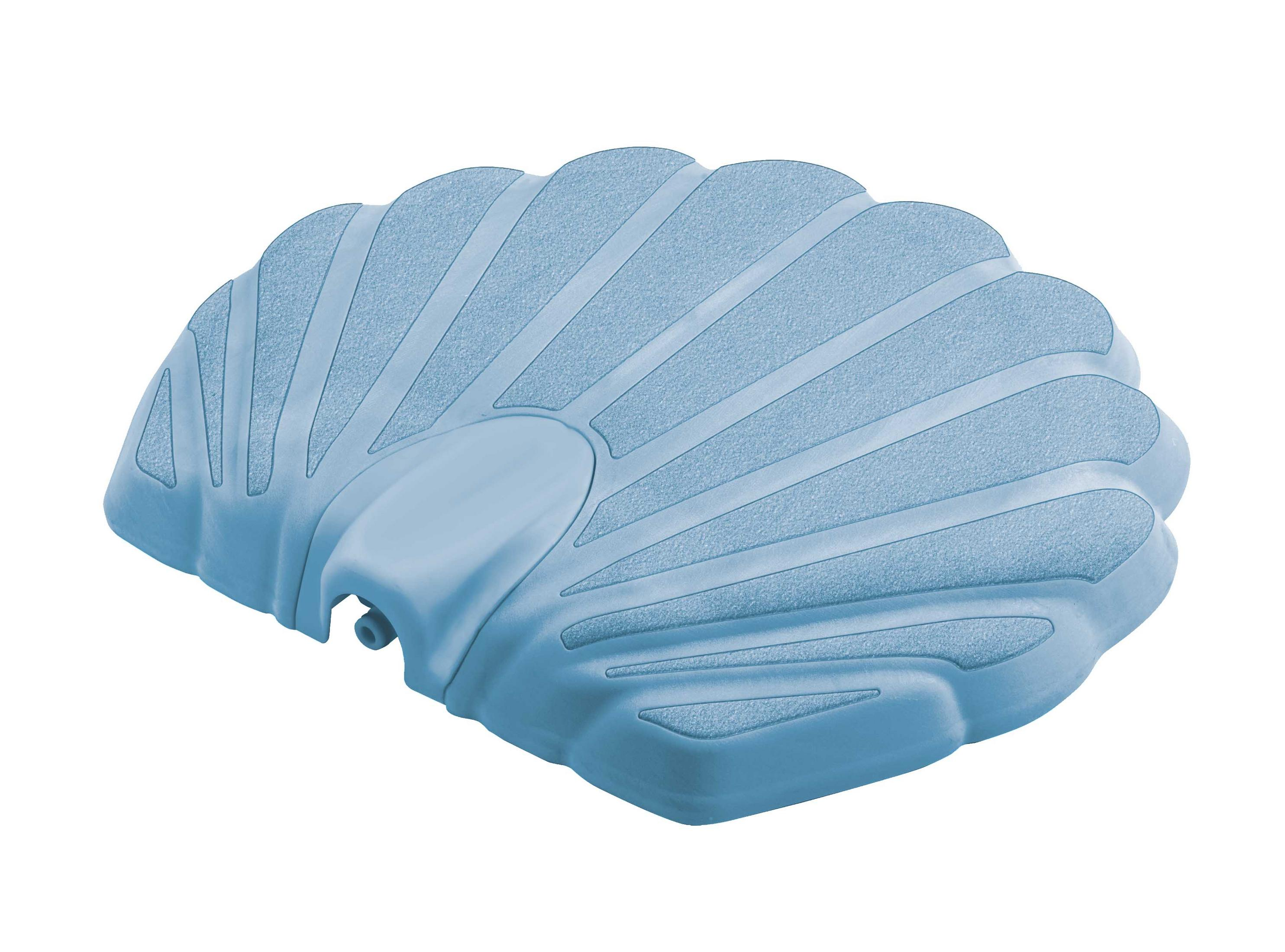 Ein blauer, muschelförmiger Schwimmer. Es hat strukturierte Oberflächen. Weißer Hintergrund.