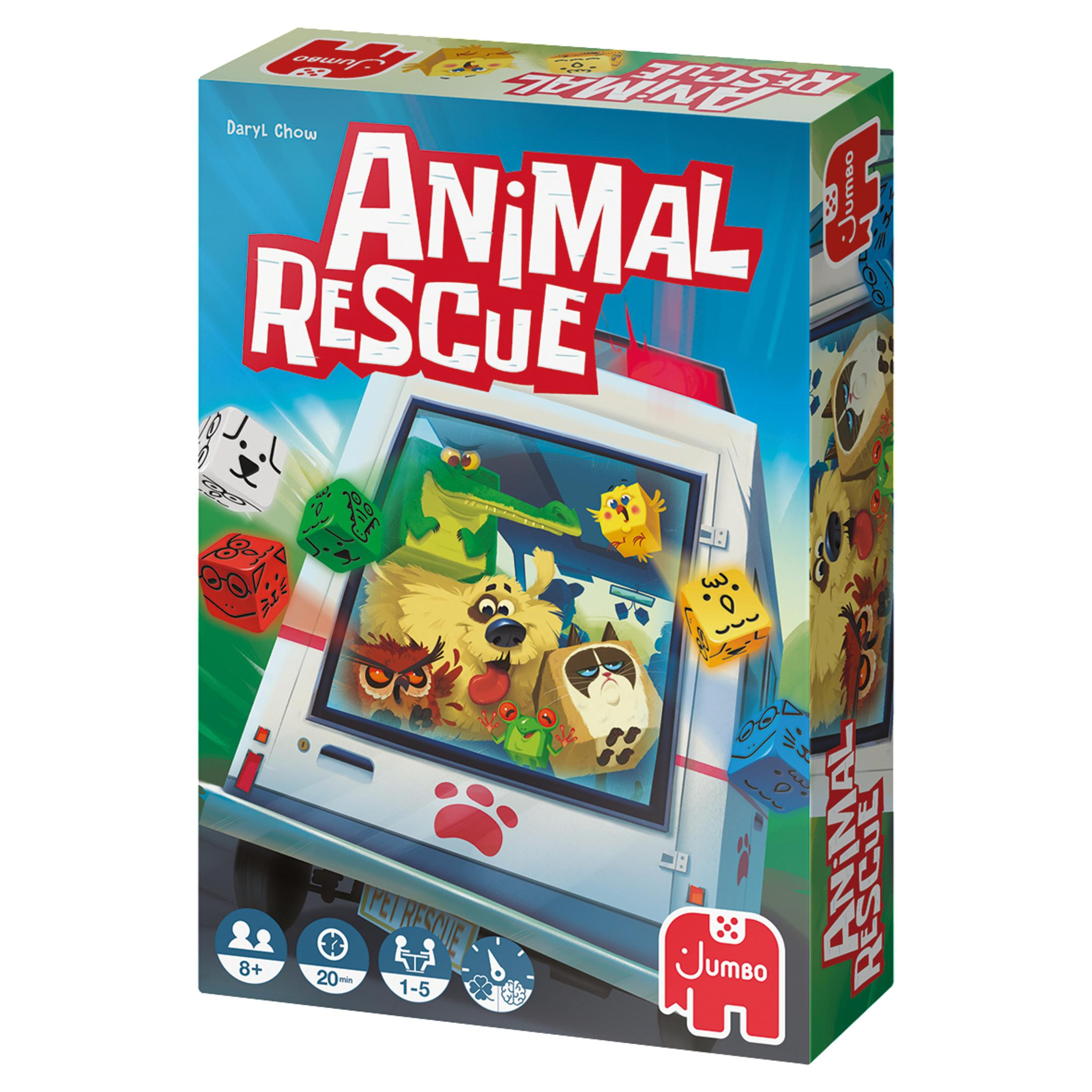 Animal Rescue Brettspielbox. Ein Lastwagen mit Tierillustrationen und Würfeln.