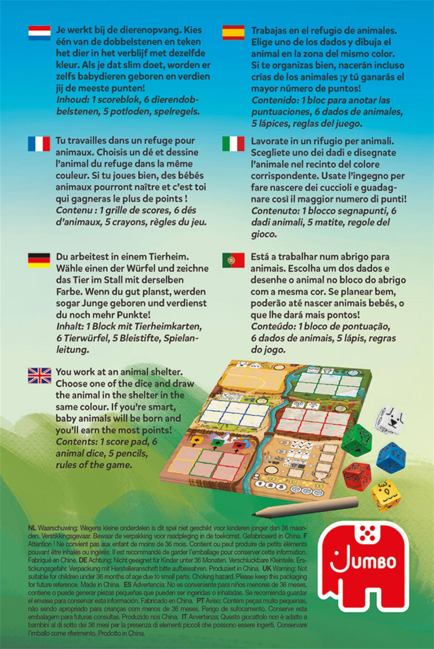 Spielkarton, Anweisungen in mehreren Sprachen, Tierheim-Thema, Würfel und Kacheln.