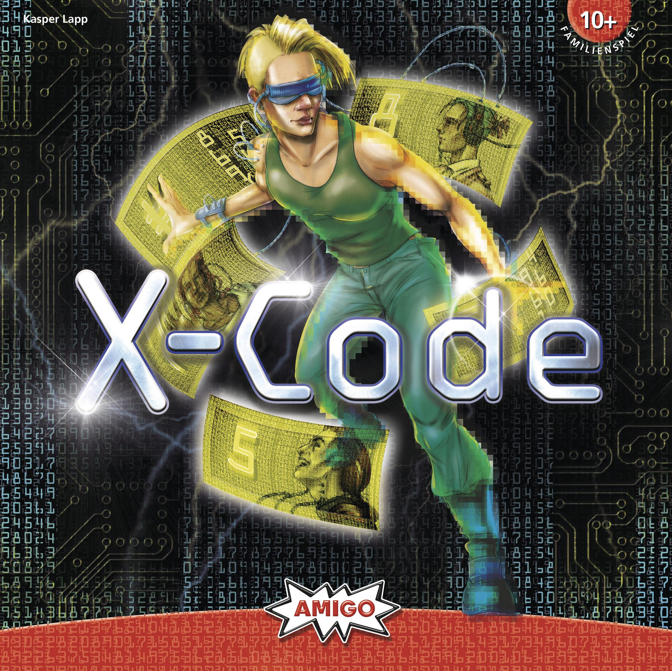 Spielbox mit dem Titel X-Code, mit einer futuristischen Figur und schwebenden Dollarnoten.