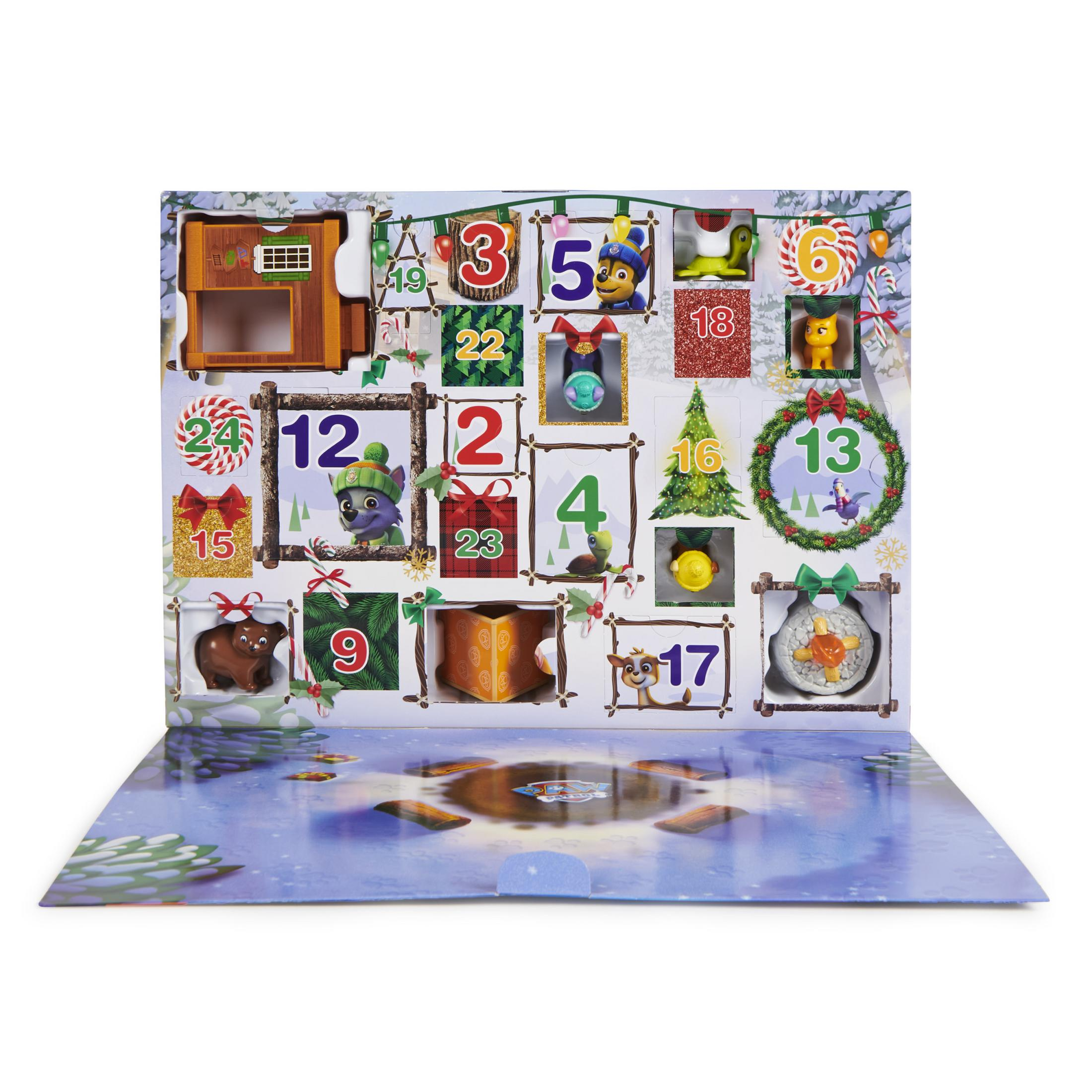 Ein Paw Patrol Adventskalender. Er ist geöffnet und zeigt Türen mit den Nummern 1-24, mit Bildern von Charakteren und Geschenken.