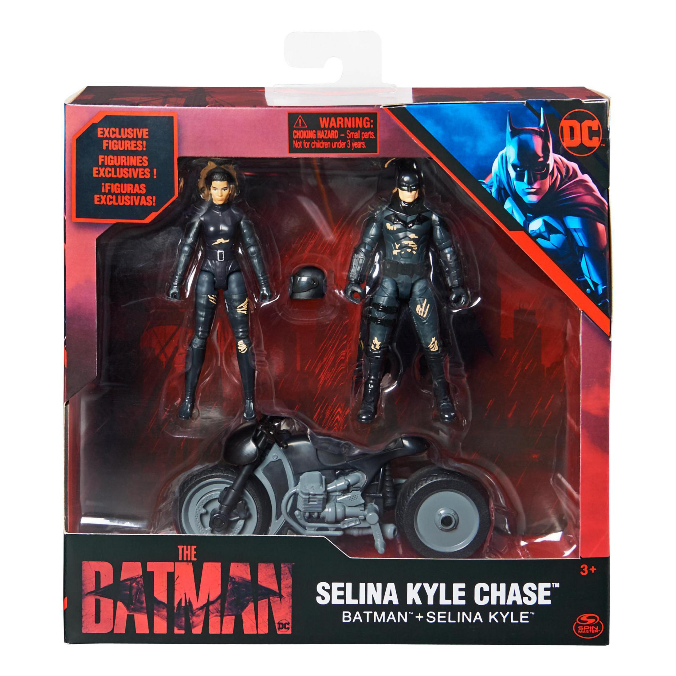 The Batman Selina Kyle Chase Actionfigur-Set. Enthält Figuren und ein Motorrad. Schwarze und rote Box.
