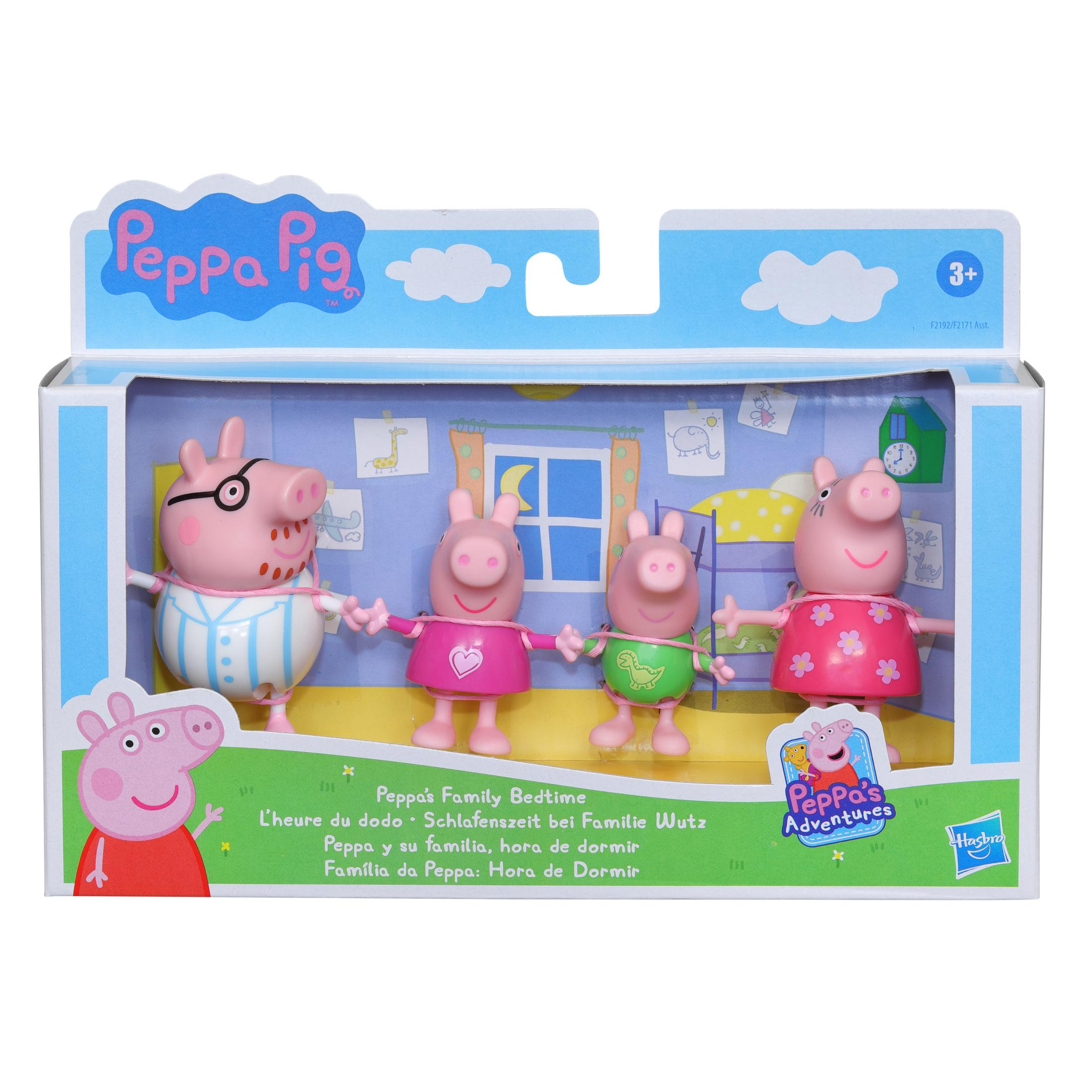 Zestaw zabawek Peppa Pig w pudełku. Zawiera figurki Peppy i rodziny, z napisem 'Family Bedtime'.