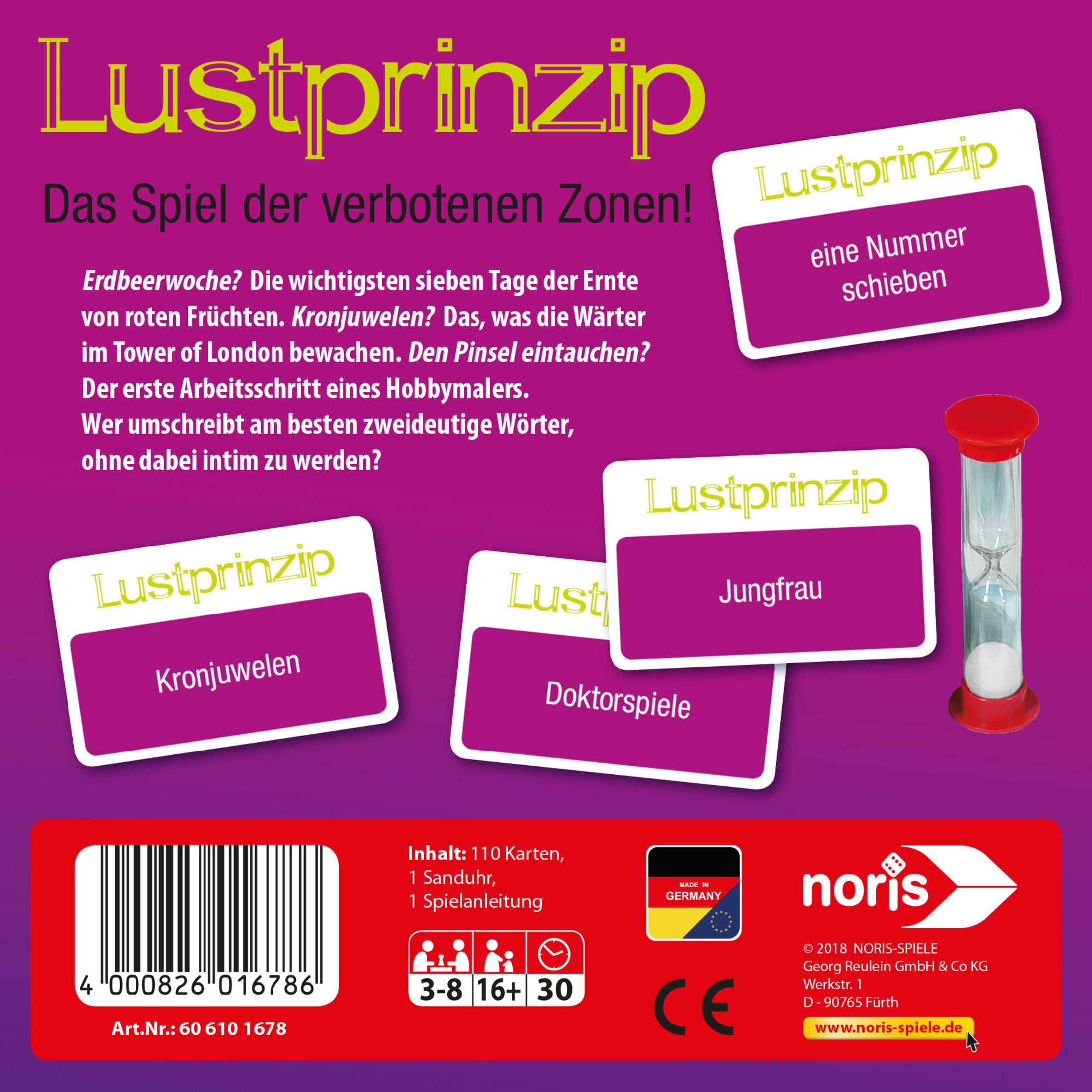 Brettspiel mit Karten und Spielsteinen. Titel: Lustprinzip. Lila, weiß und rot werden verwendet.