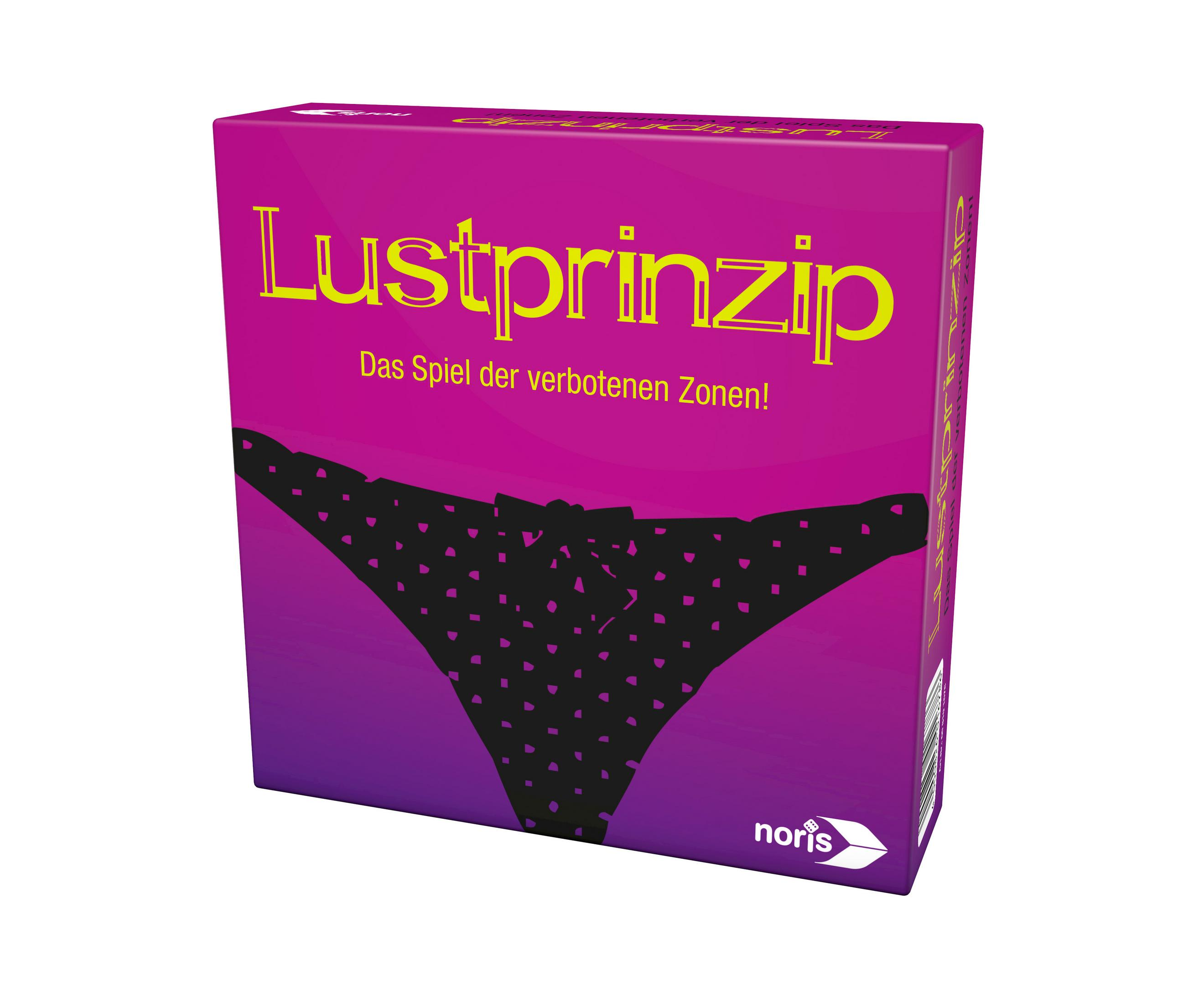 Spielbox mit Text 'Lustprinzip'. Enthält ein schwarzes Unterwäschebild mit Herzen.