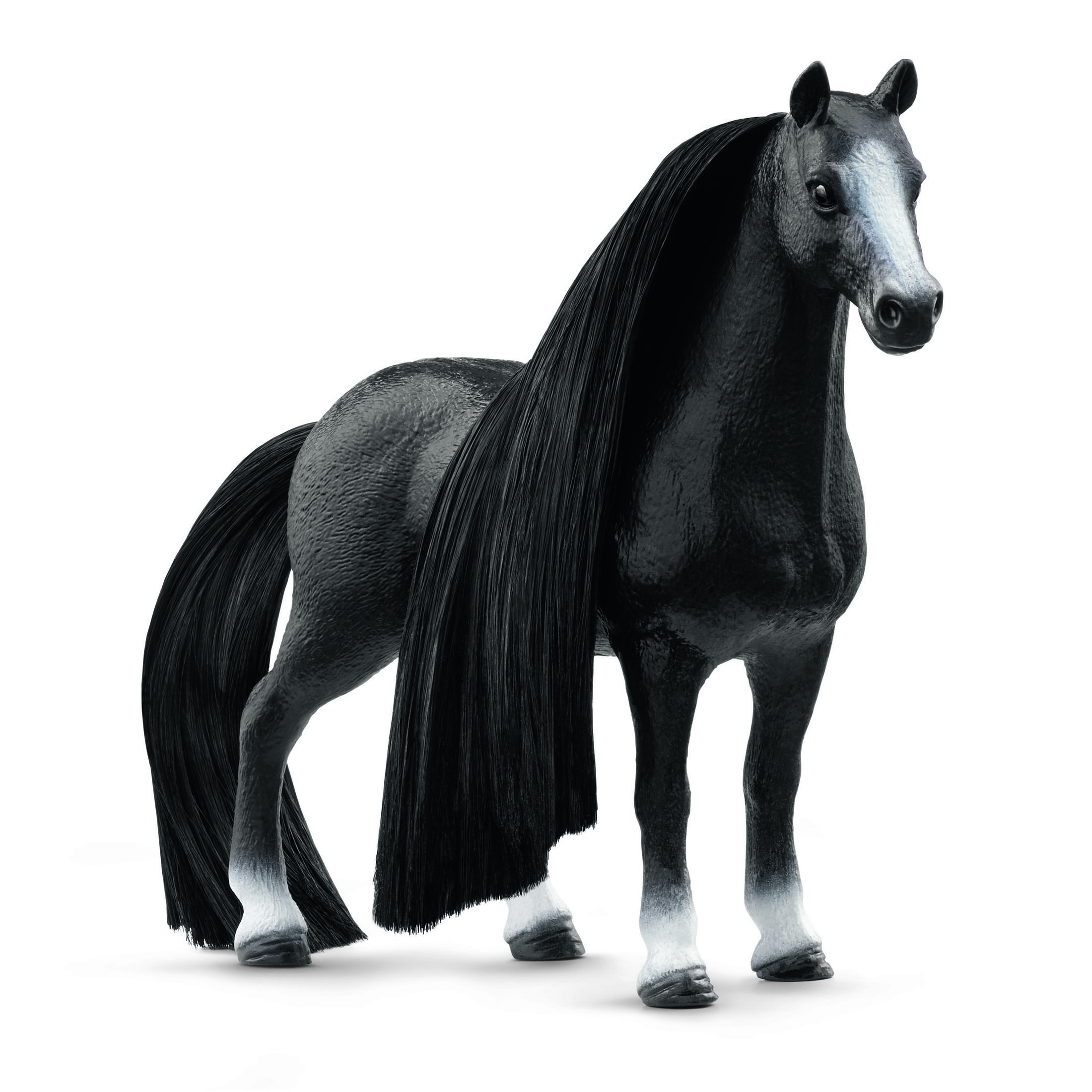 Schwarze Pferd-Figur mit langer schwarzer Mähne und Schweif. Weiße Markierungen an den Beinen. Weißer Hintergrund.