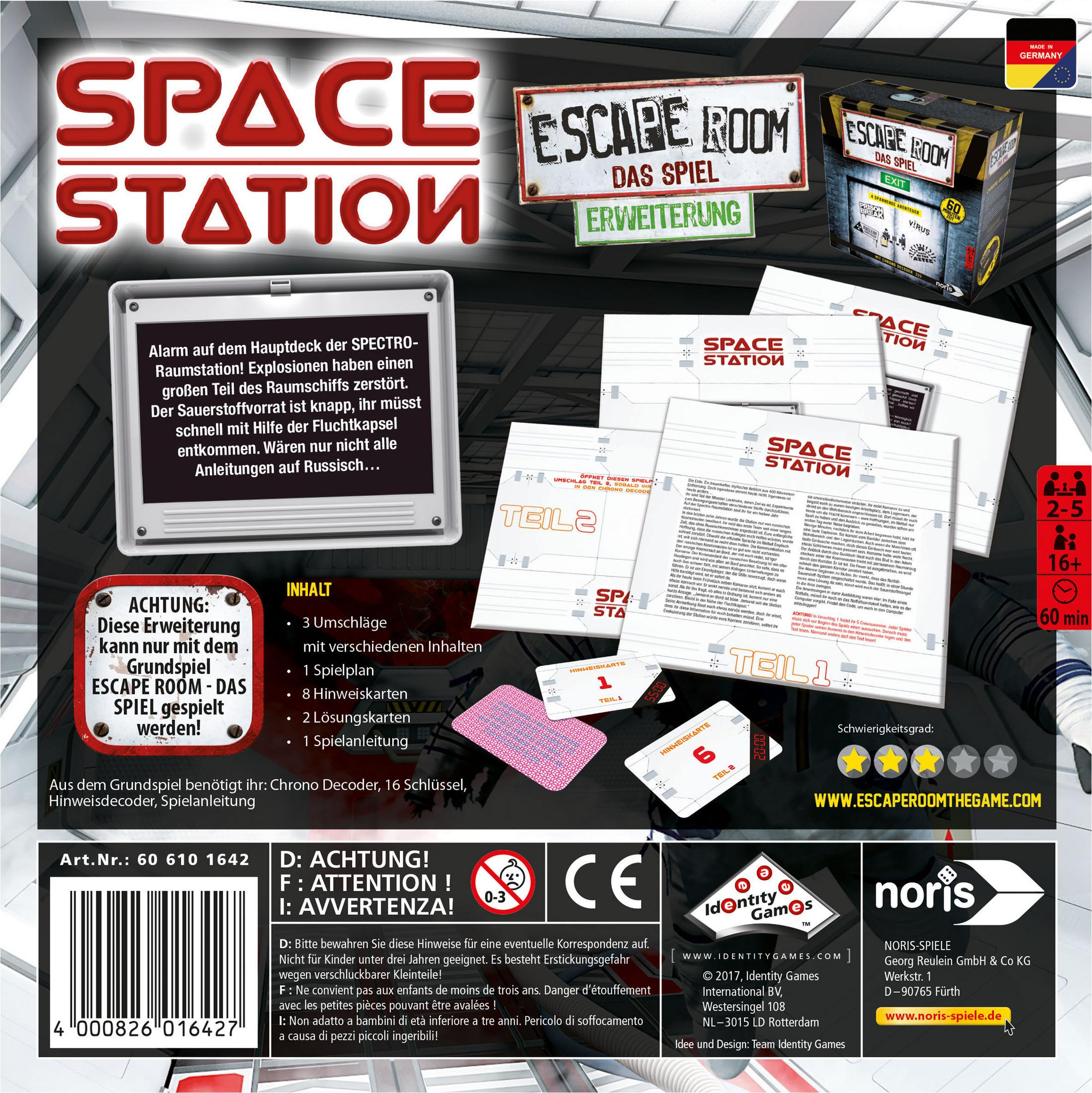 Verpacktes Brettspiel, Space Station Escape Room. Cover-Art mit Spieletitel und Bildern des Spielinhalts.