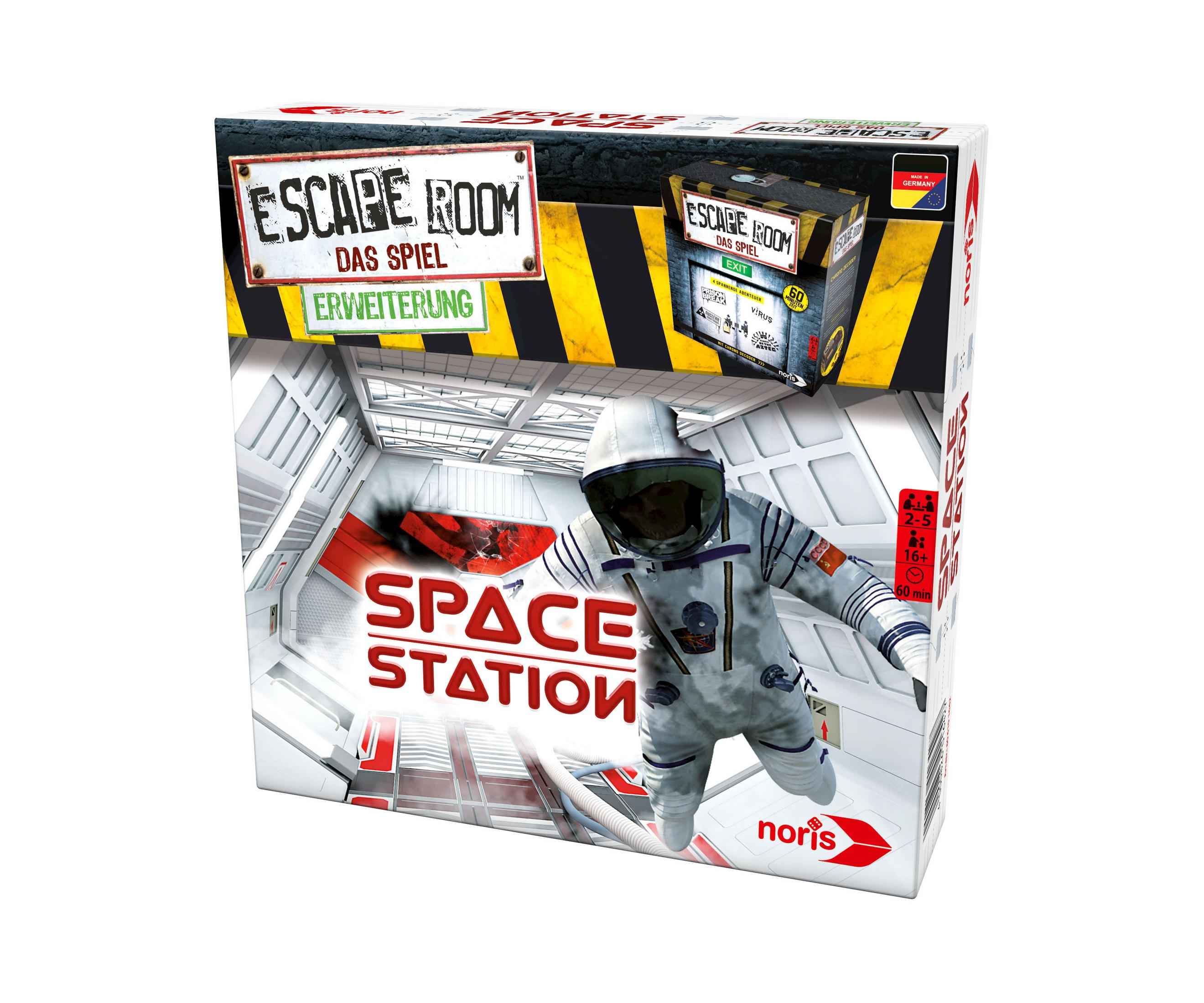 Escape Room Space Station Spielbox. Es hat ein Astronautenbild und ein Warnschild.