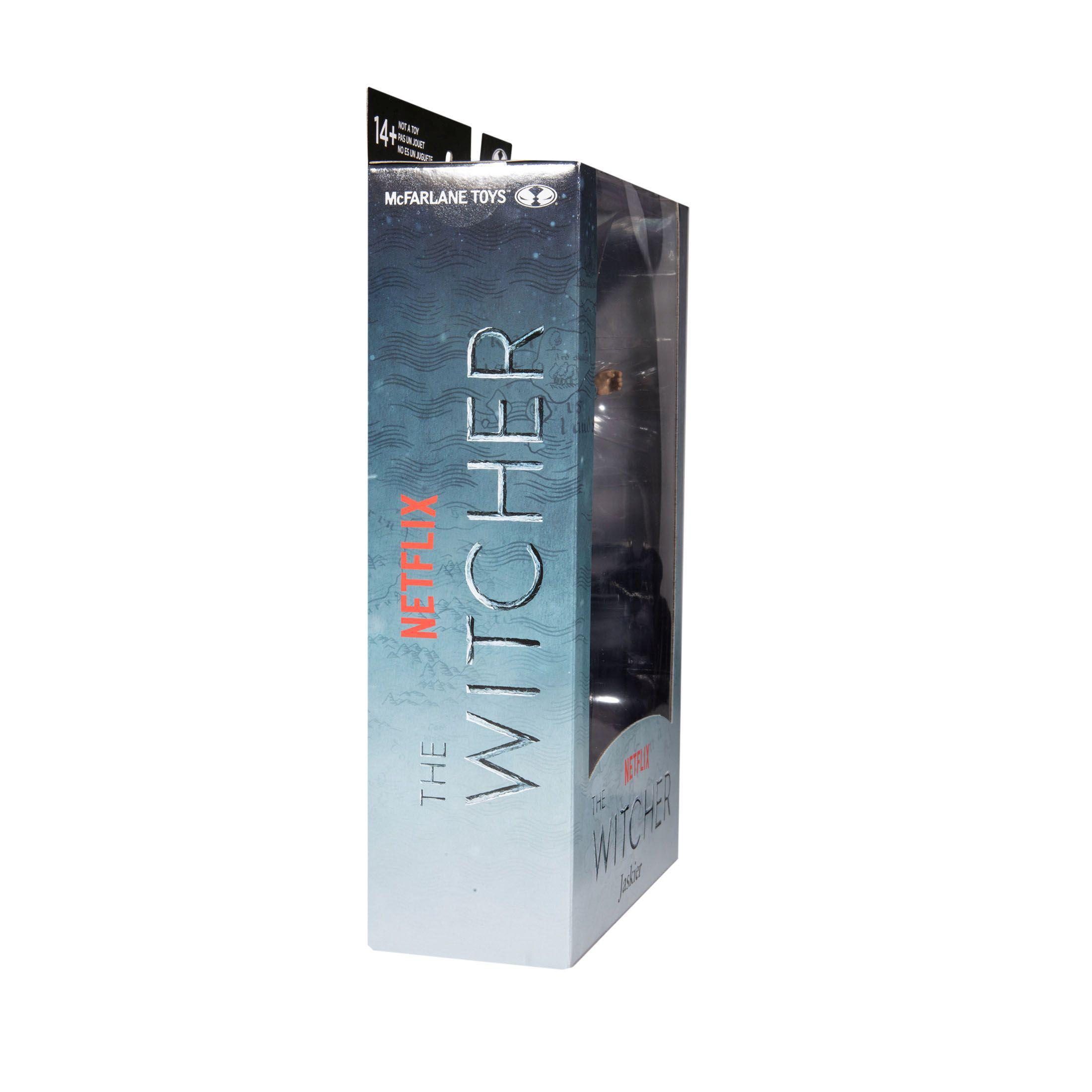 Czarne i srebrne pudełko z figurką The Witcher, z logo Netflix.
