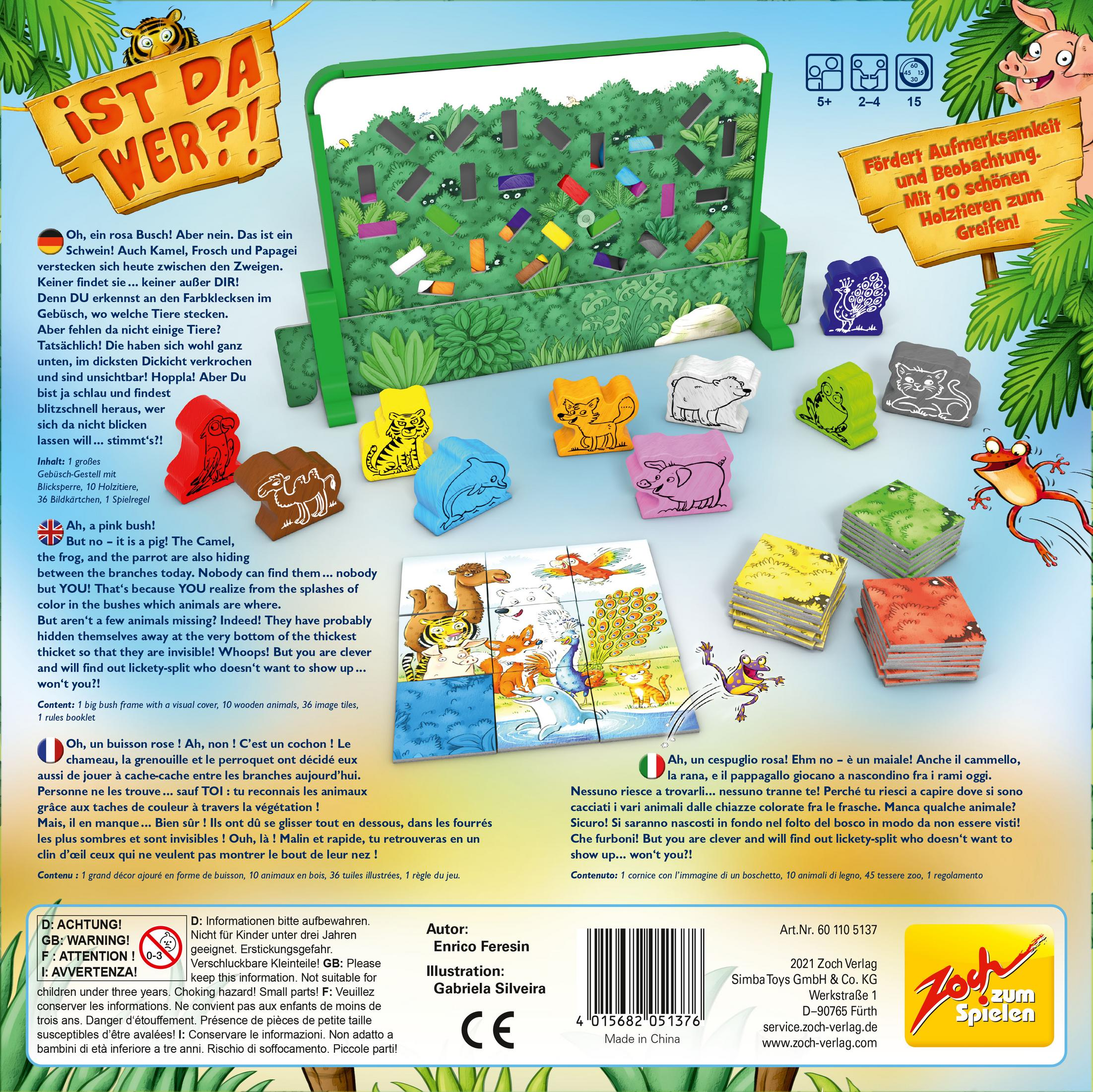 Brettspielbox mit Tieren und farbenfrohen Bildern. Enthält Text und Illustrationen, Spielsteine.