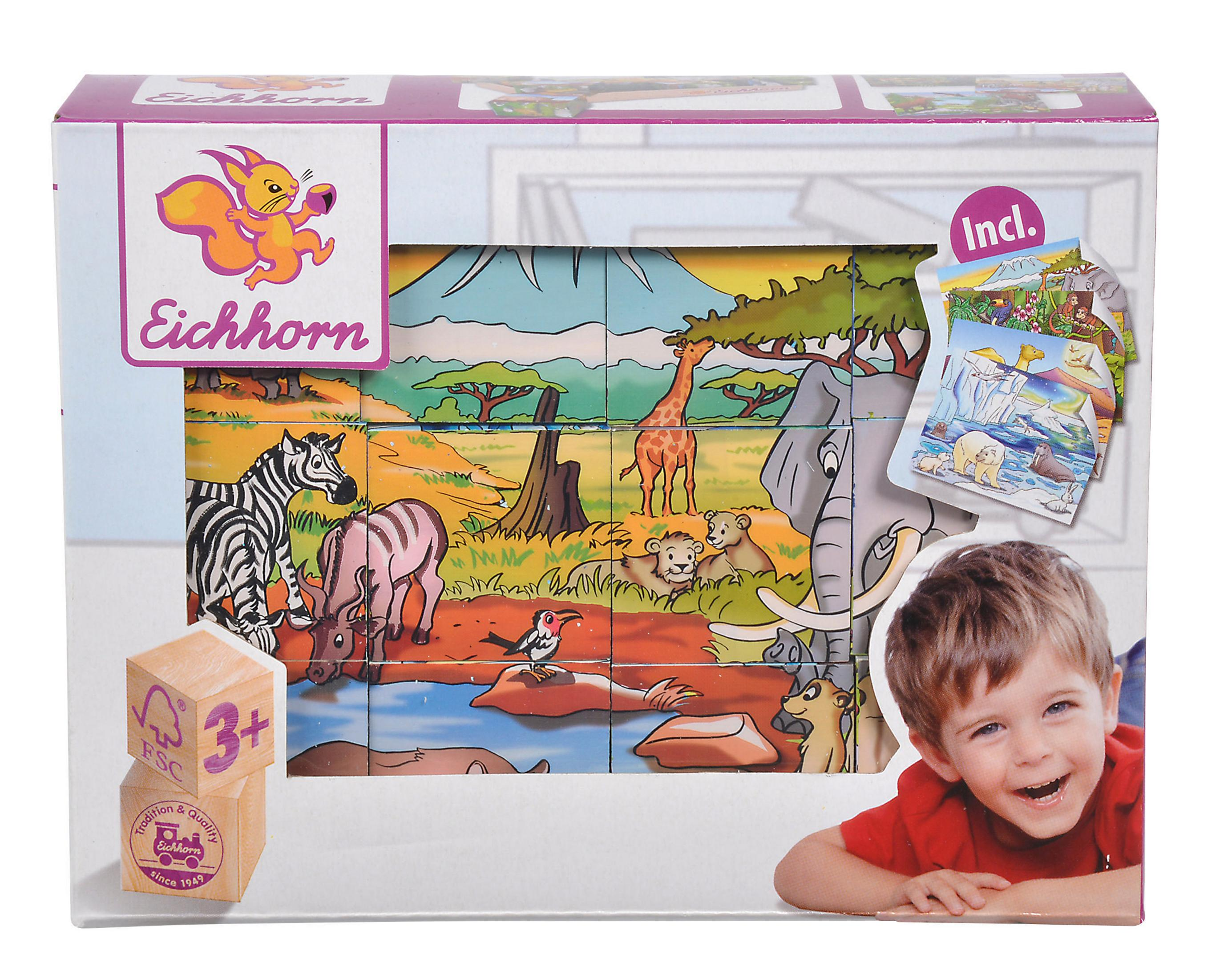 Verpacktes Puzzle mit einer Cartoon-Safari-Szene mit Zebra, Giraffe, Elefant und lächelndem Kind.