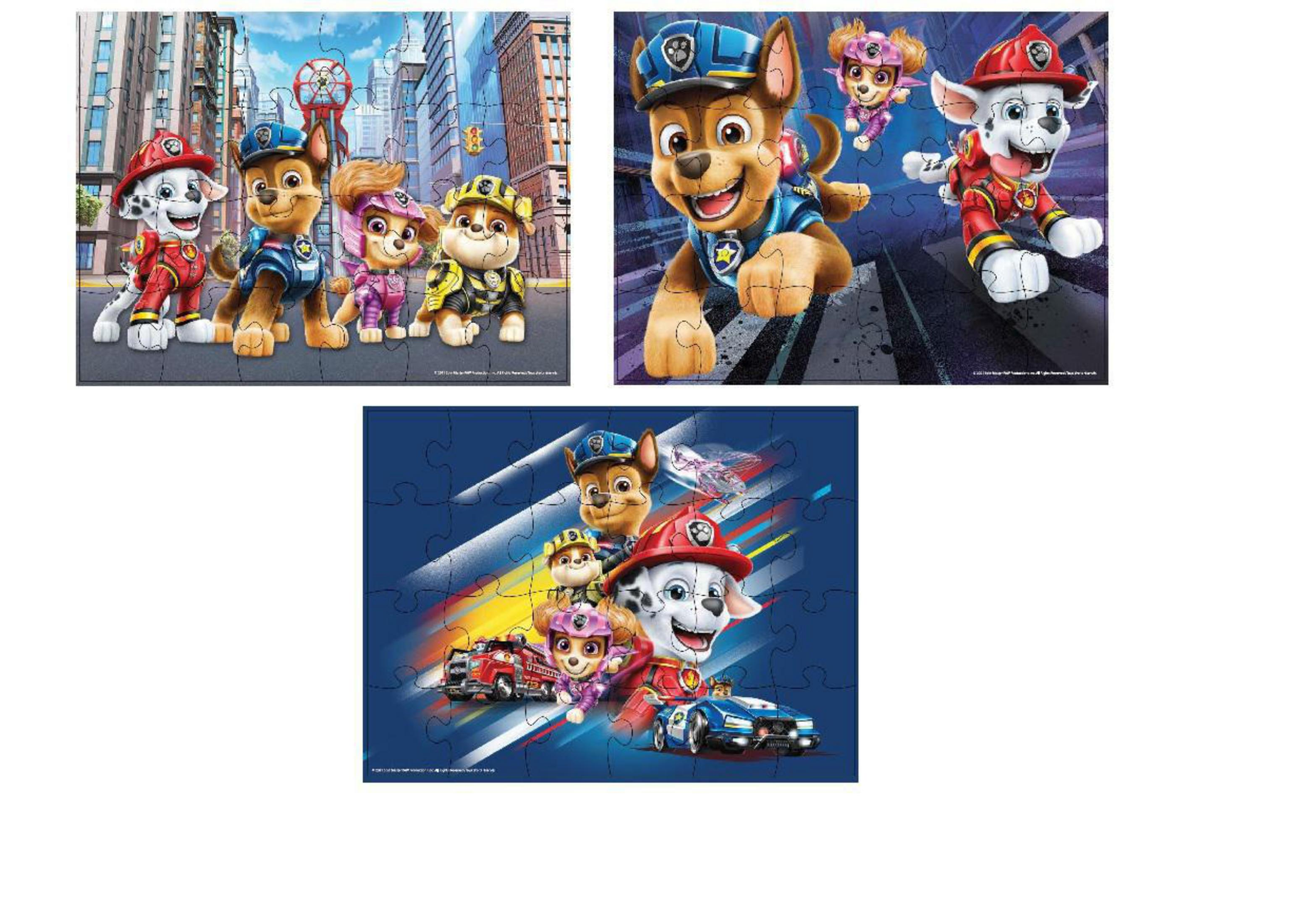 Trzy układanki Paw Patrol pokazujące różne sceny z postaciami z Psiego Patrolu.