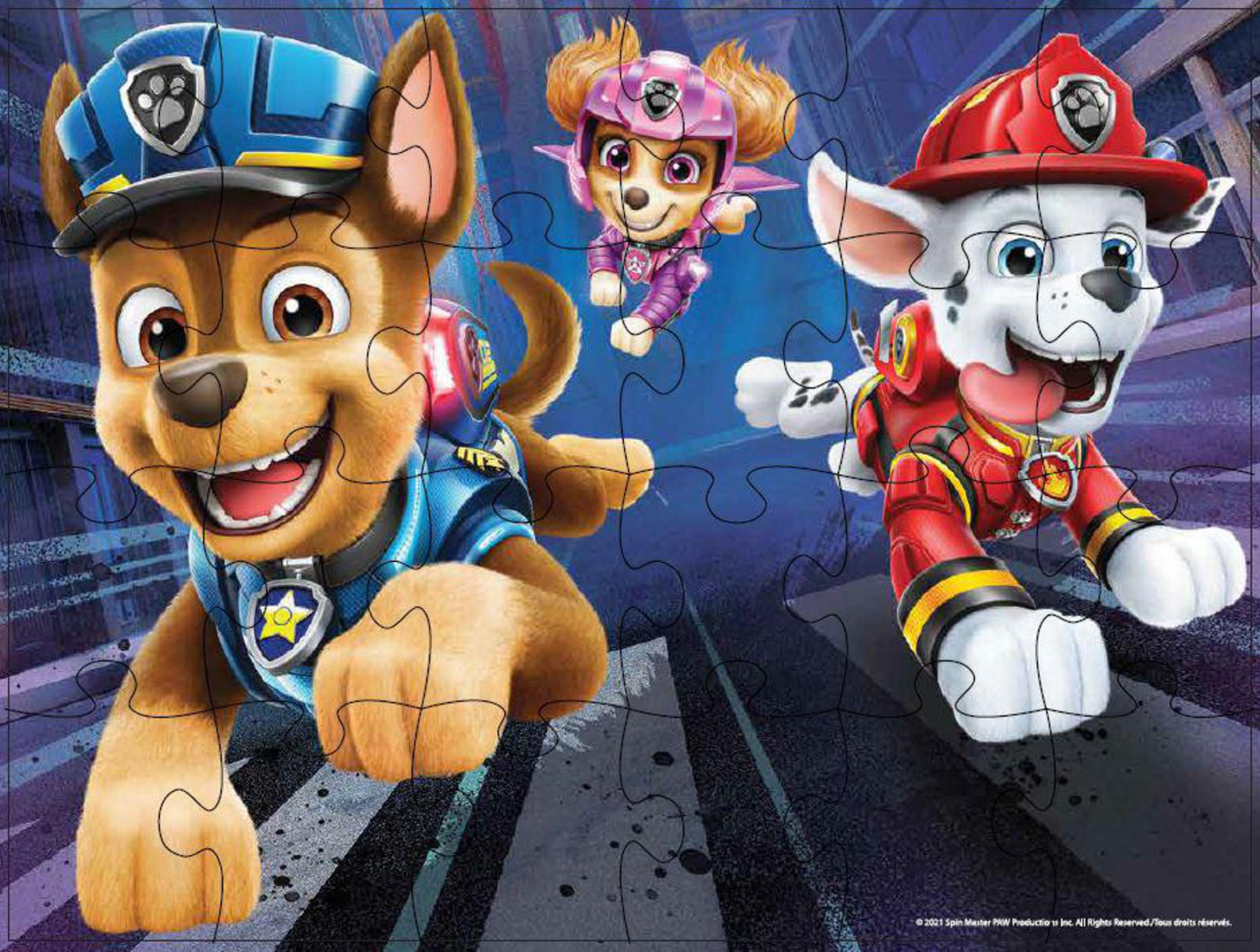 Puzzle Paw Patrol z Chasem, Skye i Marshallem na ulicy miejskiej, elementy układanki.
