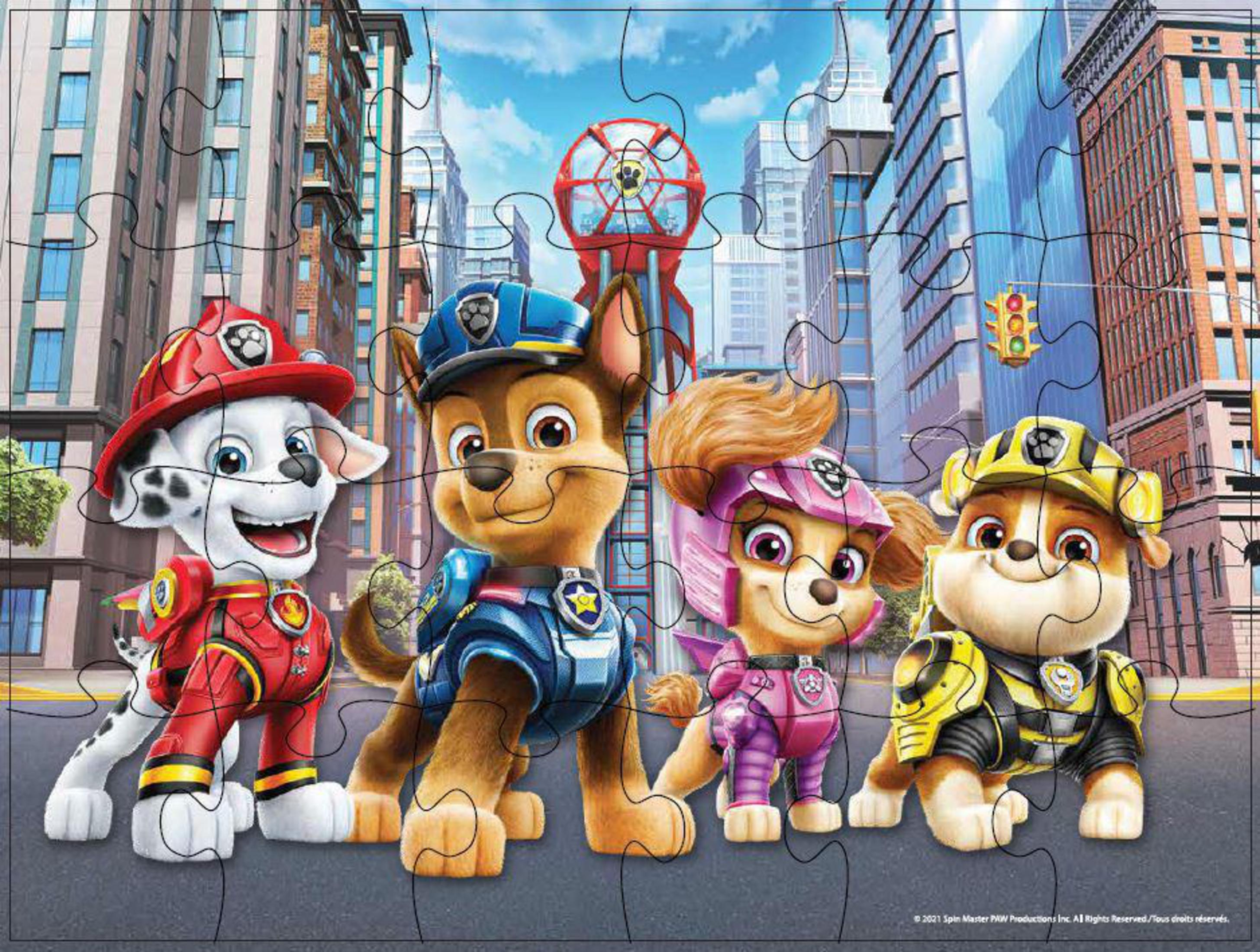 Puzzle Paw Patrol z postaciami i tłem miasta.