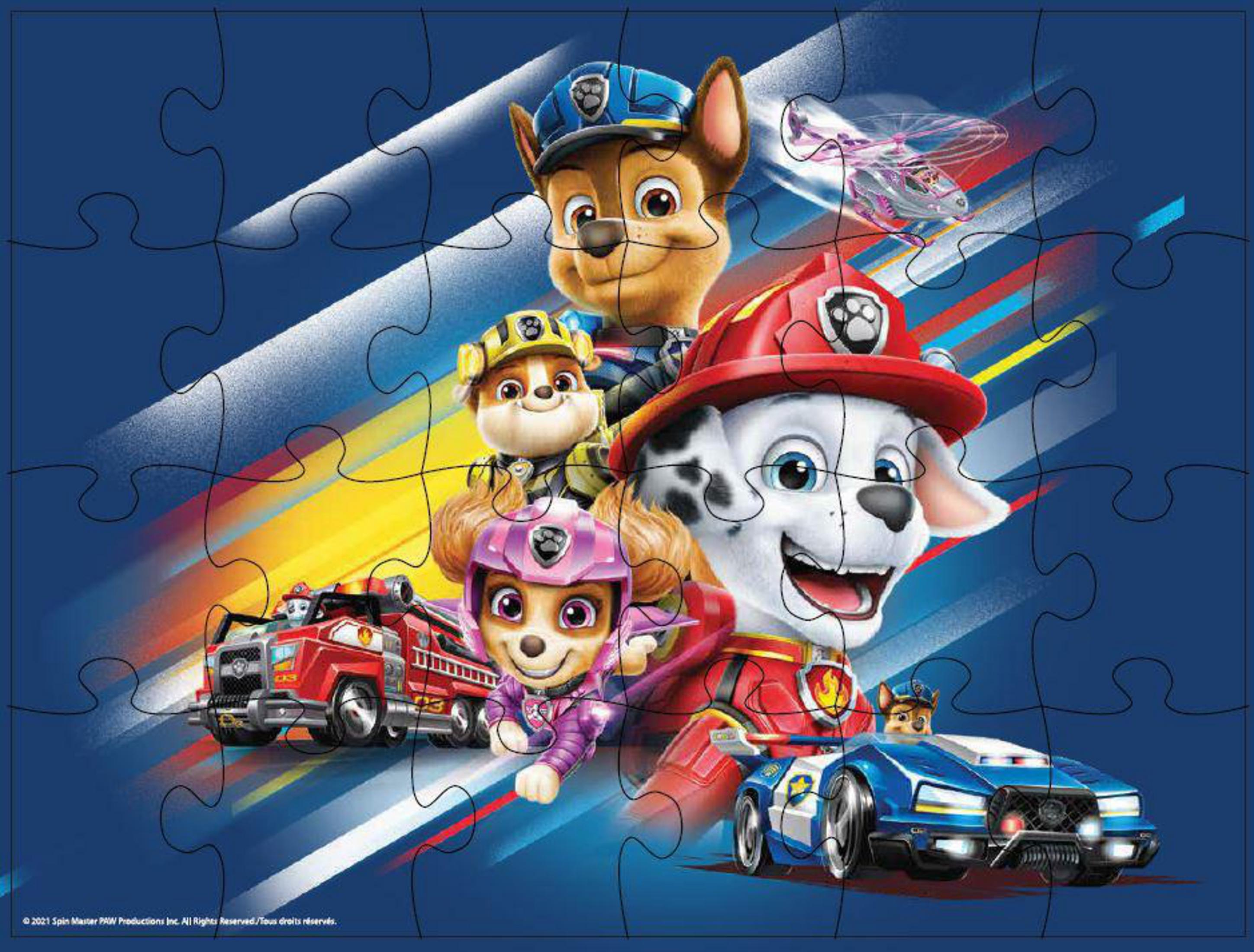 Puzzle Paw Patrol z postaciami z kreskówek, w tym psami i pojazdami, na niebieskim tle.