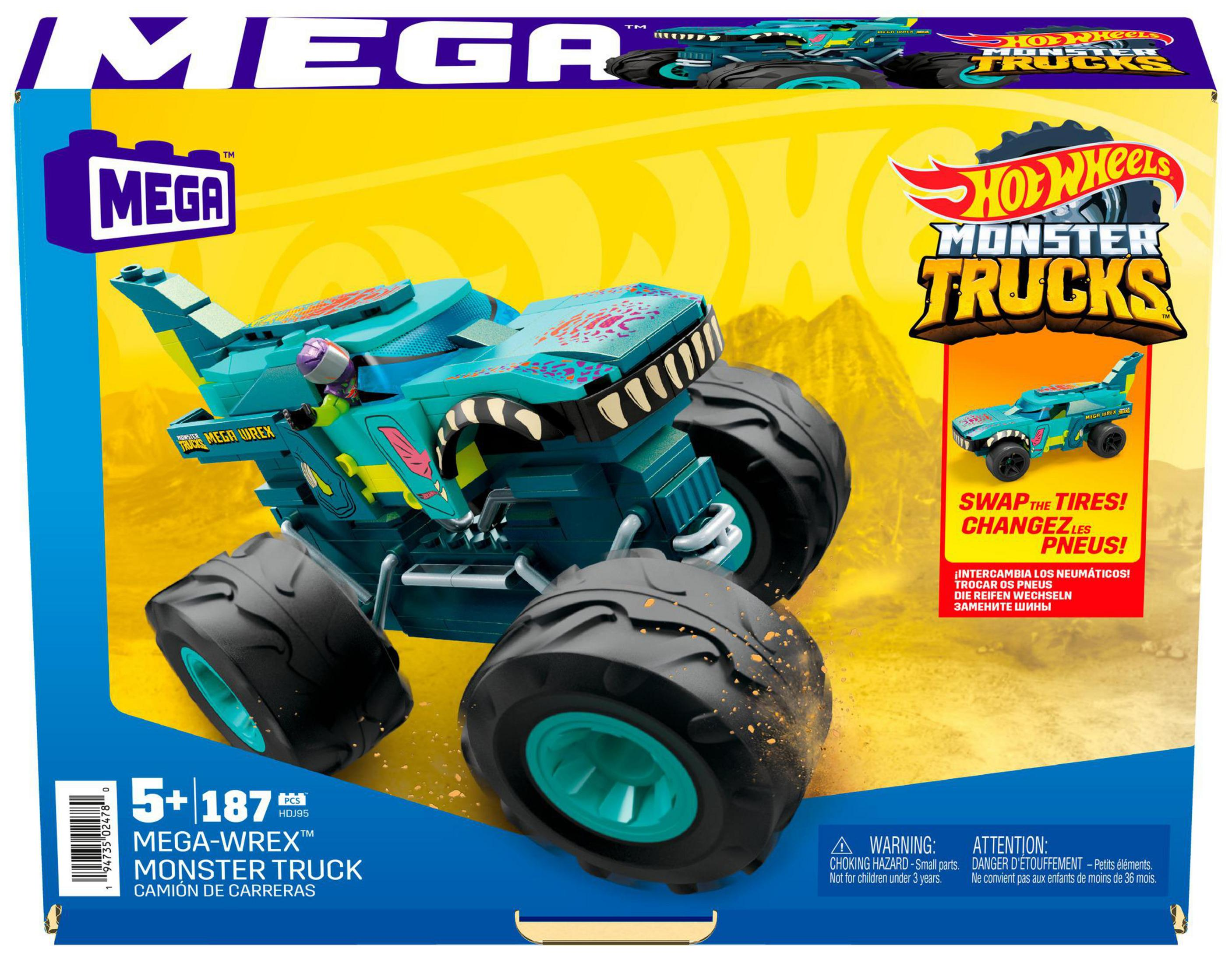 Pudełko Mega Hot Wheels Monster Trucks. Pokazuje niebieskiego potwora i mniejszą zieloną ciężarówkę.