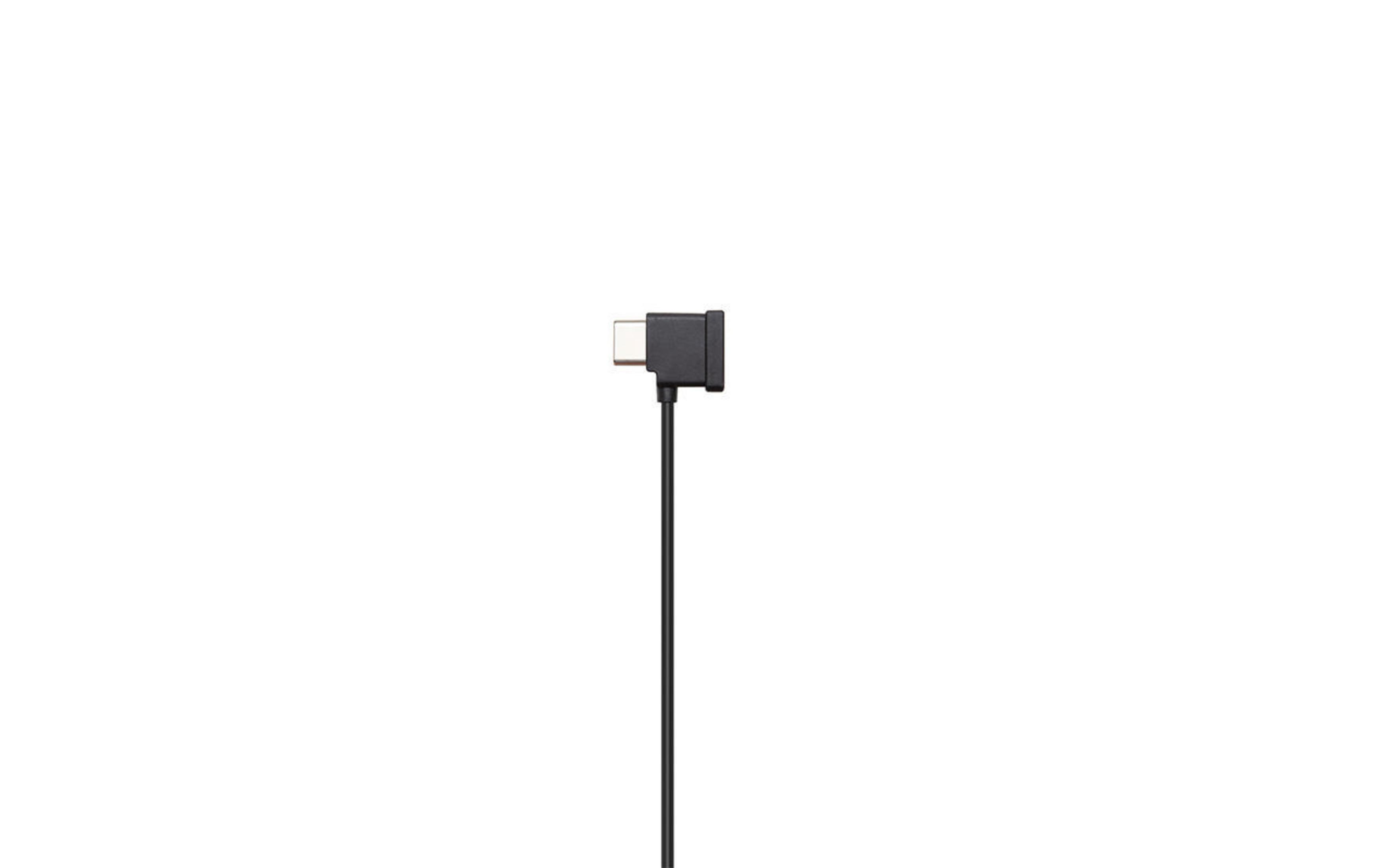 Ein schwarzer USB-C-Kabelanschluss vor reinweißem Hintergrund.