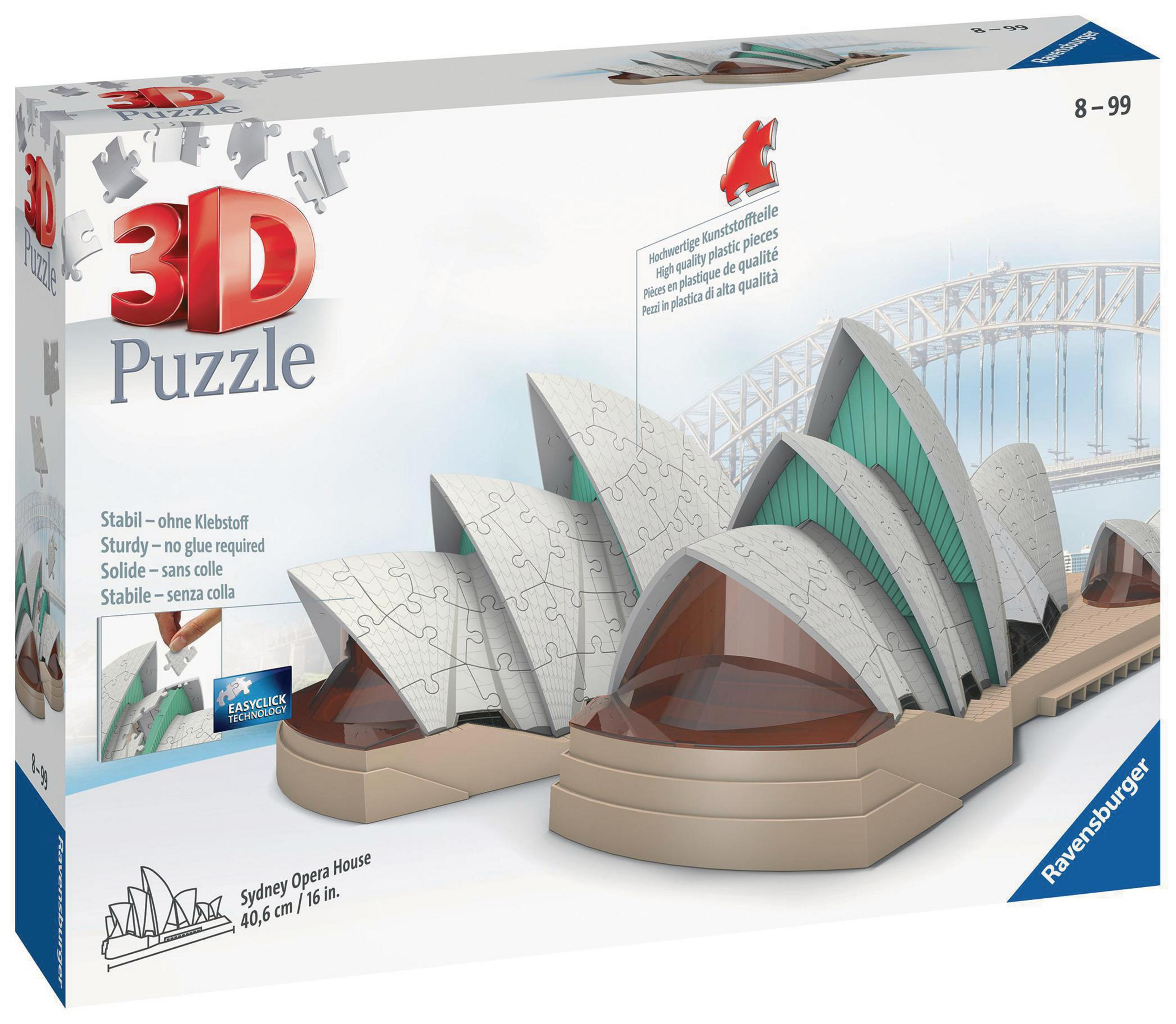 3D-Puzzle des Sydney Opera House, mit der Box und den Puzzleteilen.