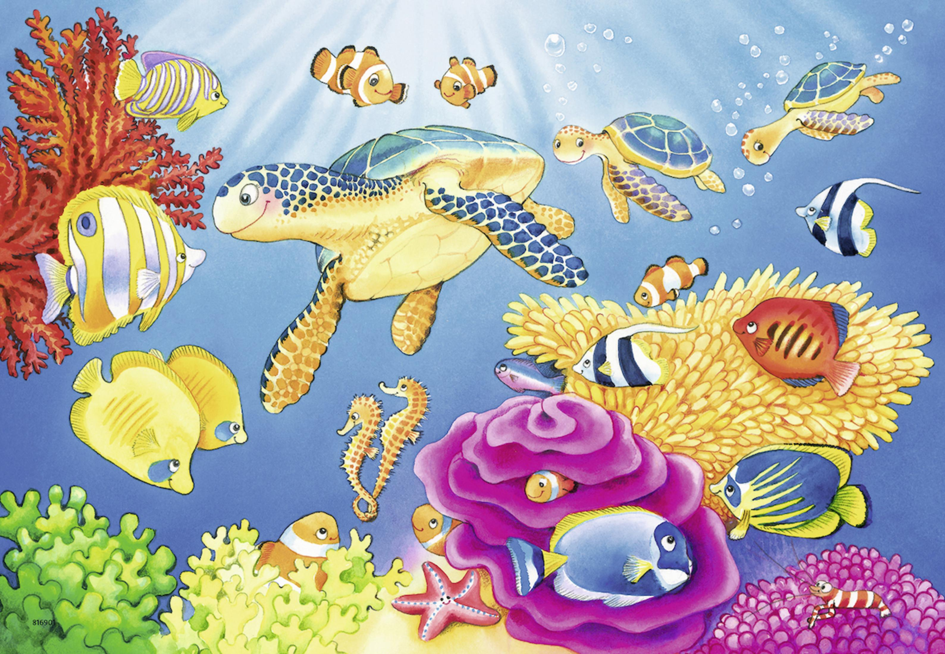 Eine Illustration des Meereslebens: Schildkröte, Fische, Korallen und Blasen auf blauem Wasser.