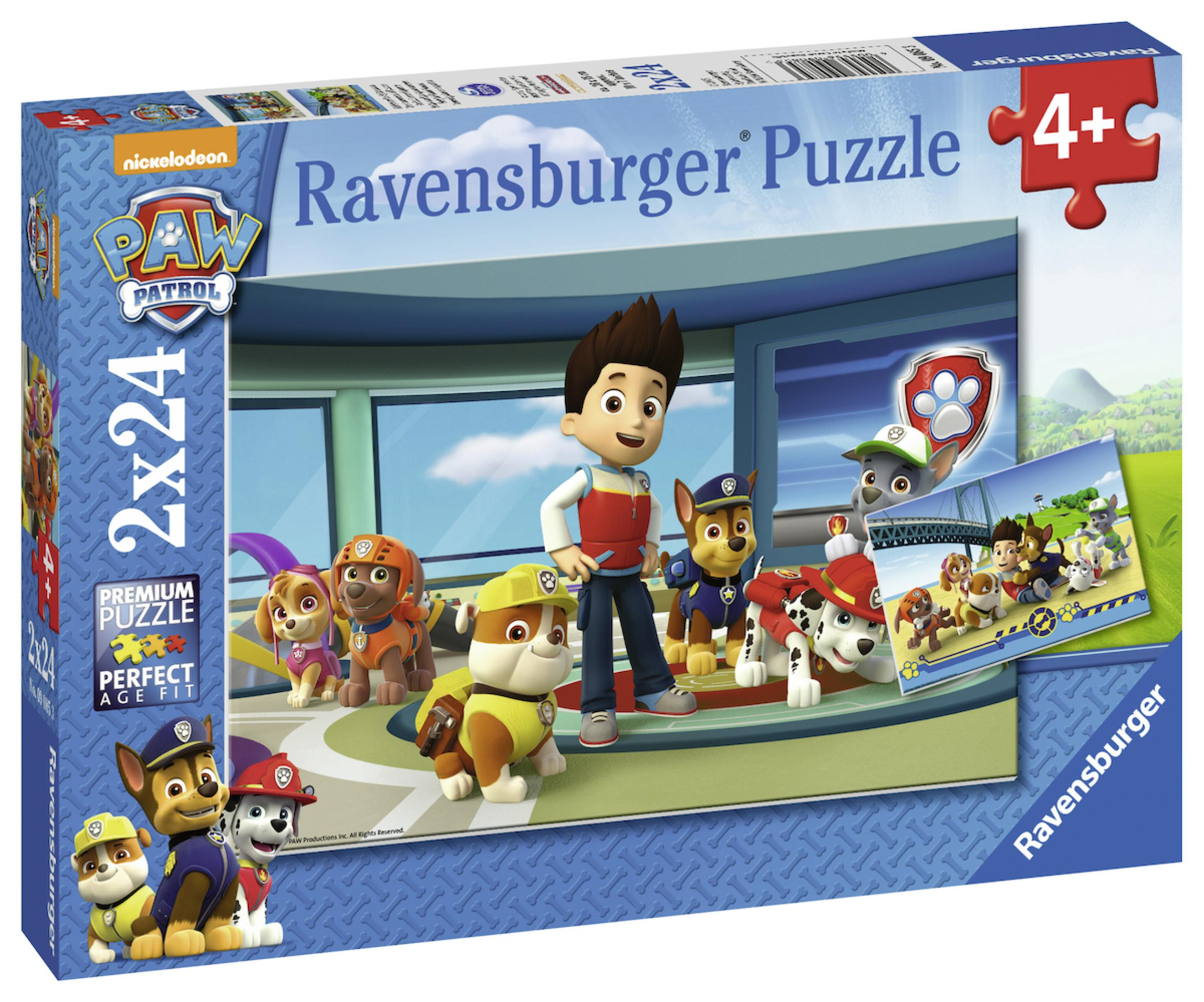 Pudełko z puzzlami Paw Patrol. Postacie znajdują się na pudełku i w elementach układanki.