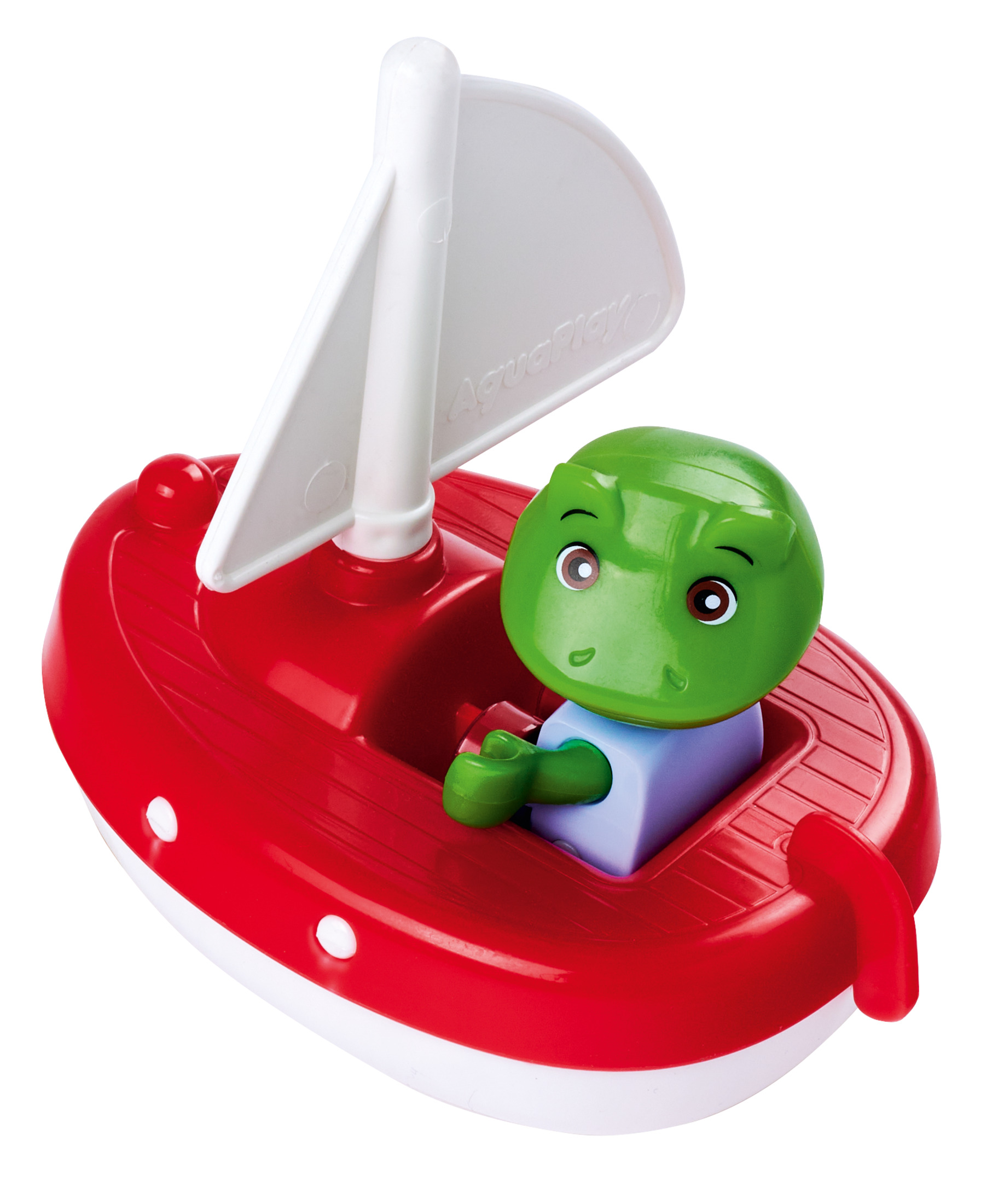 Rotes und weißes Spielzeugboot mit einer Schildkrötenfigur.